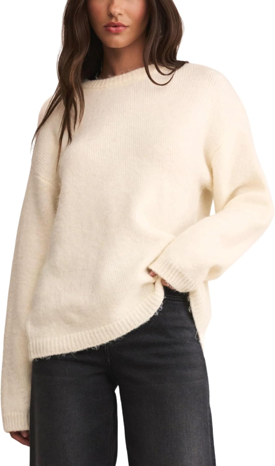 Womens Soft Fuzzy Knit Sweater Oversized Cozy Pullover Jumper Long Sleeve Casual Crewneck Sweater