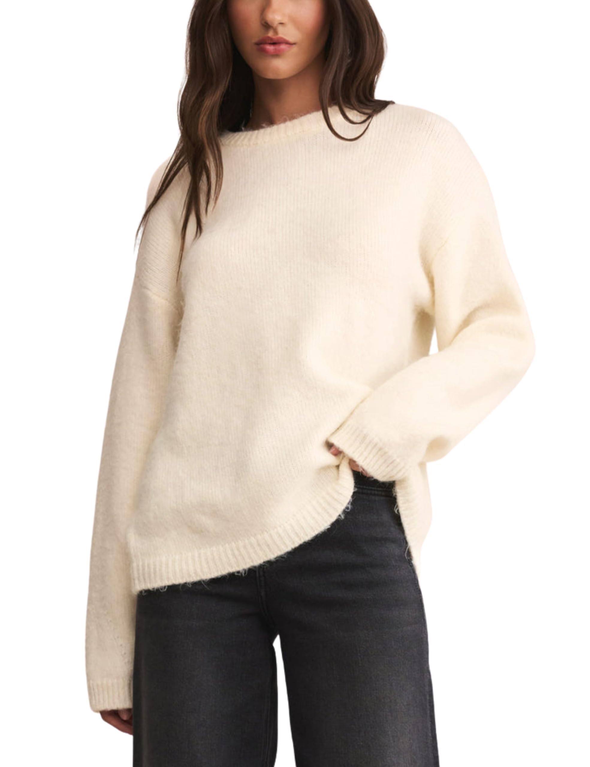 Womens Soft Fuzzy Knit Sweater Oversized Cozy Pullover Jumper Long Sleeve Casual Crewneck Sweater