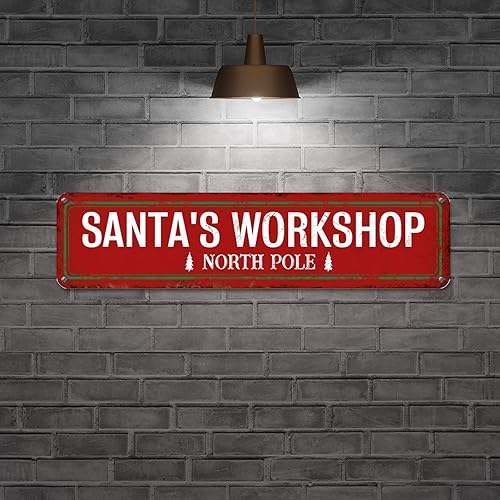 Vista 8 de Santa's Workshop North Pole Street Letreros personalizados de metal para exteriores, letrero de metal de bienvenida para Navidad, decoración