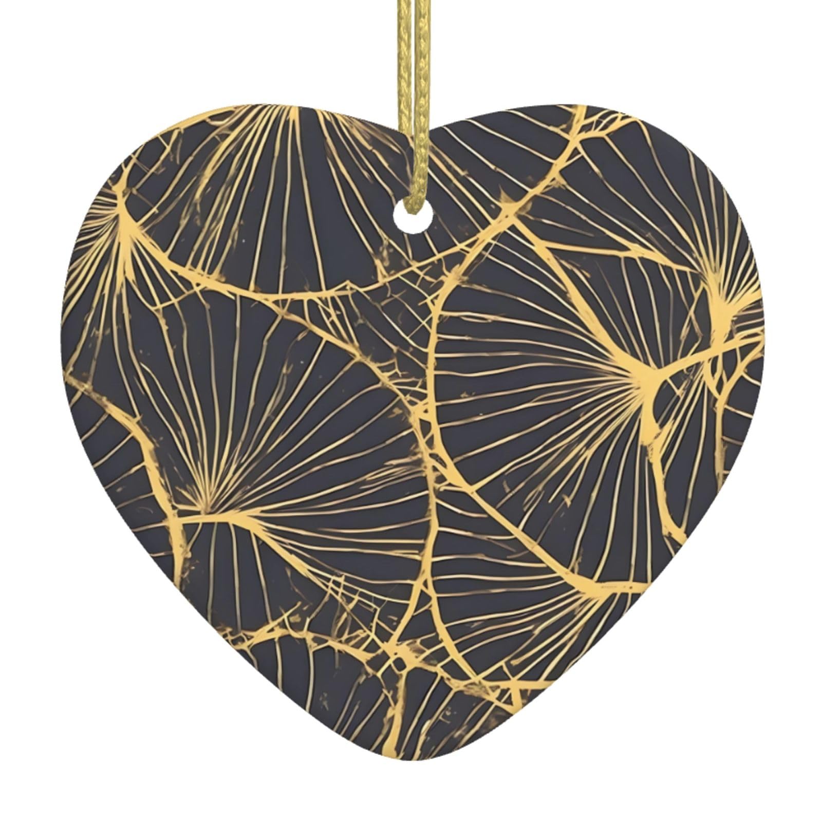 Golden Leaf Ceramic Christmas Heart Pendant with Silk Thread, Christmas Tree Home Decoration