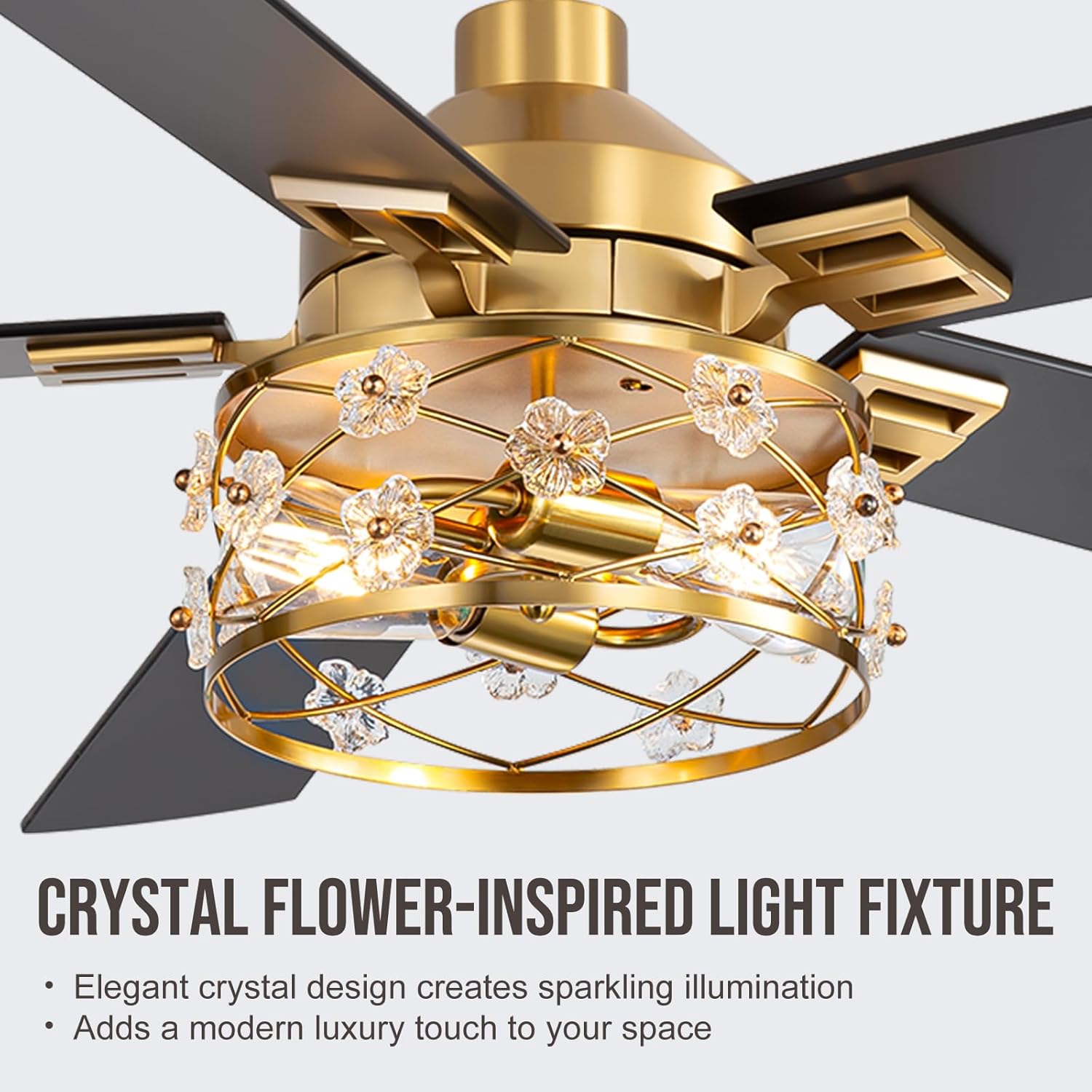 ZYD 52 Inch Chandelier Ceiling Fans, Farmhouse Crystal Ceiling Fans with Lights and Remote, Fandelier Ceiling Fan for Bedroom Living Room,Quiet DC Motor, 6 Speed Reversible Motor