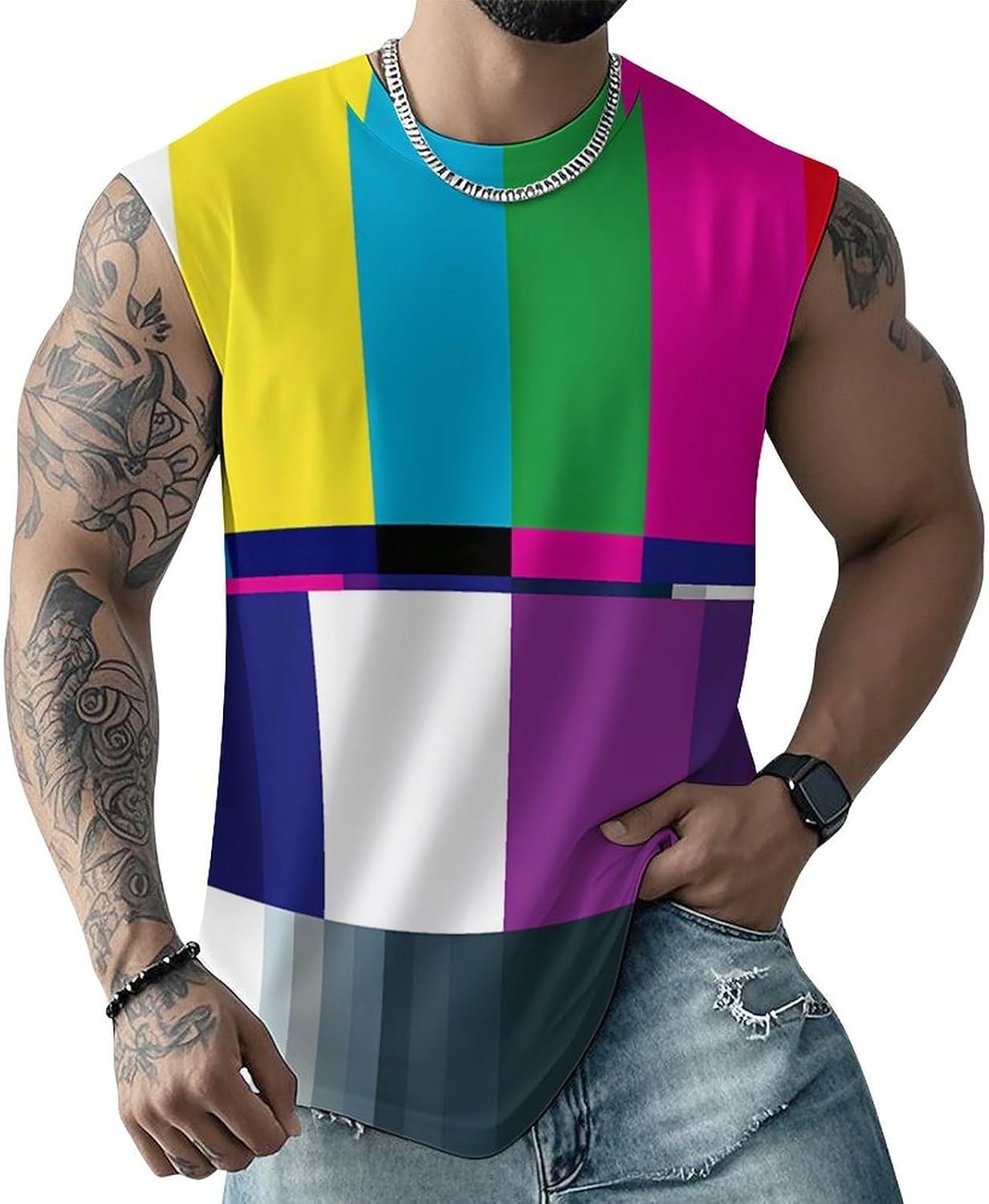 TV Color Test Bars Men Summer Sleeveless Crew Neck Top 5XL