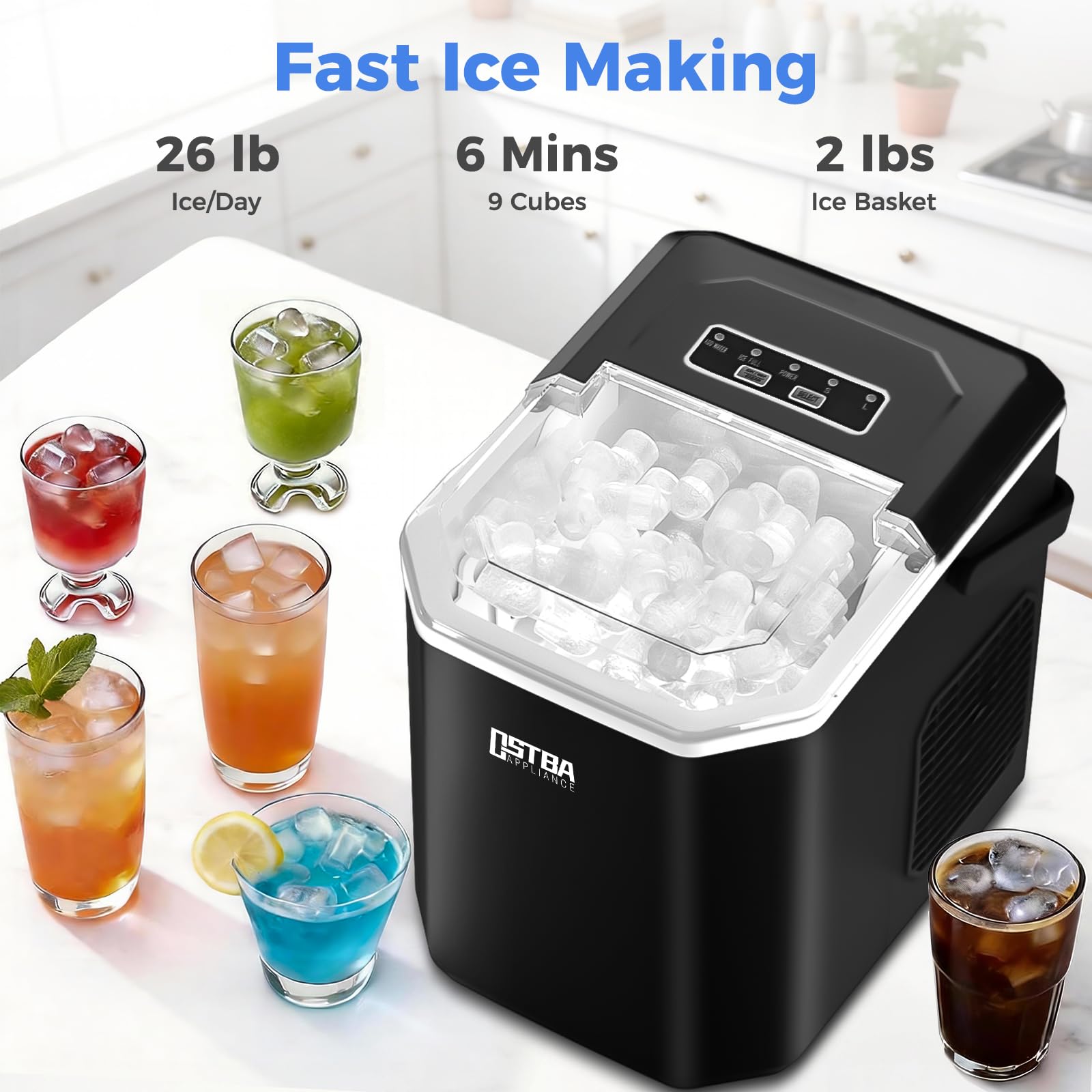 Ostba Countertop Ice Maker Machine, Portable Ice Maker Makes 9 Bullet Ice Cubes In 6 Minutes, 26lbs/Day Ice Makers Countertop With Self-Cleaning, Compact Mini Ice Maker For Home Kitchen RV Party on Fridge.com - View 2