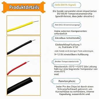 Digital Temperature Sensor Ds18b20 with 304 Stainless Steel Probe 1 Metre Cable 3 Lines VCC/DATA/GND Waterproof and Wear-Resistant Insulated Against Short Circuits Accurate Measuring Temperature