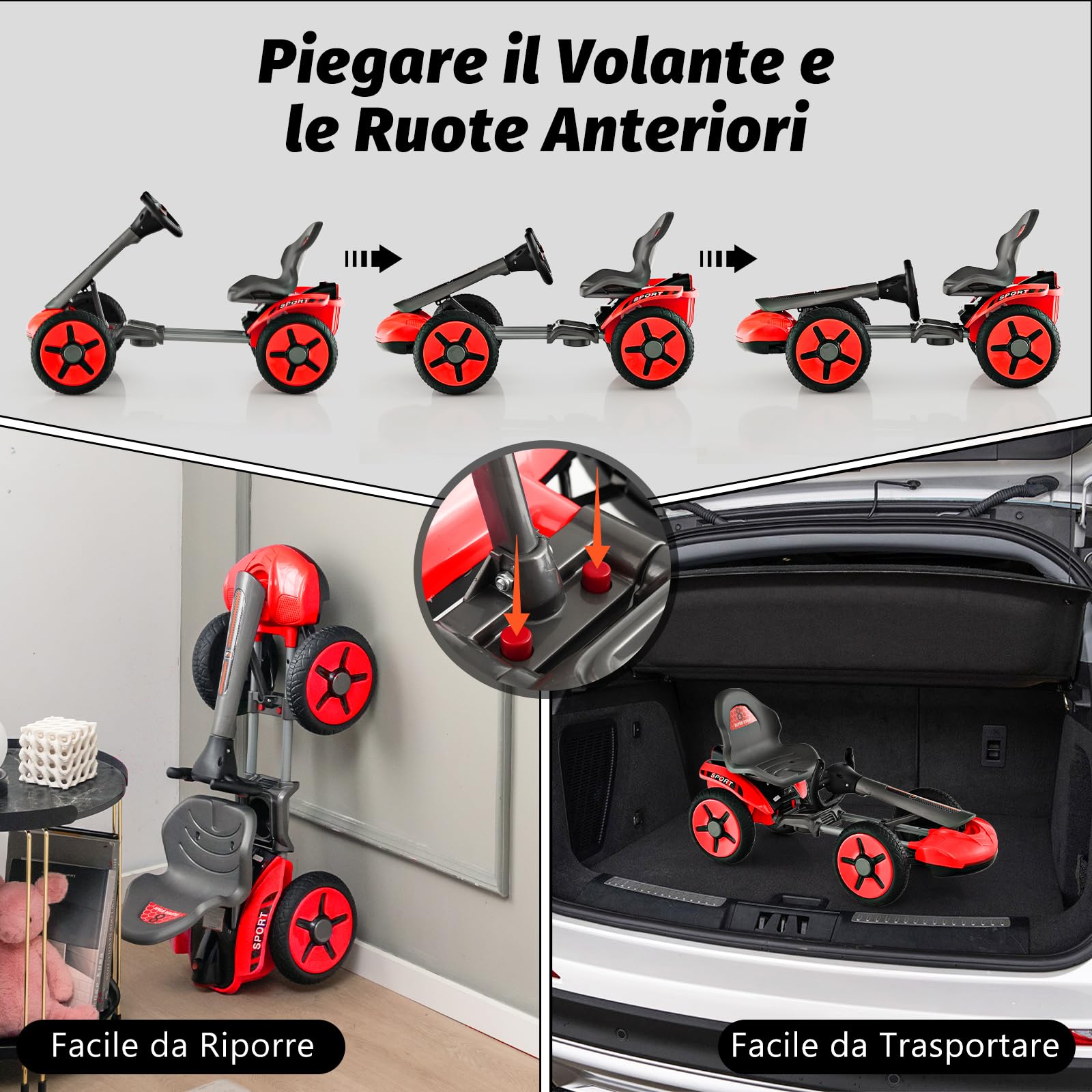 COSTWAY 12V Go Kart Elettrico per Bambini, Go Kart Pieghevole con Portabicchiere, Volante e Sedile Regolabili e Funziona Lento Avvio, per Bambini 2-5 Anni (Rosso)