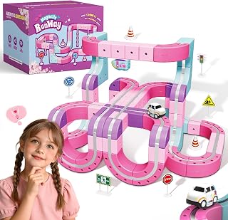 YESHIN Pink Magnetic Train Track Set for Kids, 3D Flexible Anti-Gravity Race Track Toy, DIY STEM Building Construction Kit for Kids, Electric Train Set for Age 3+ Years Old Boys & Girls Birthday Gifts