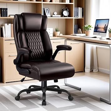 Office Chair, Big and Tall 400LBS Heavy Duty Executive Office Desk Chair with Flip-up Armrest, Ergonomic Swivel High Back Office Chairs with Lumbar Support, PU Leather Brown
