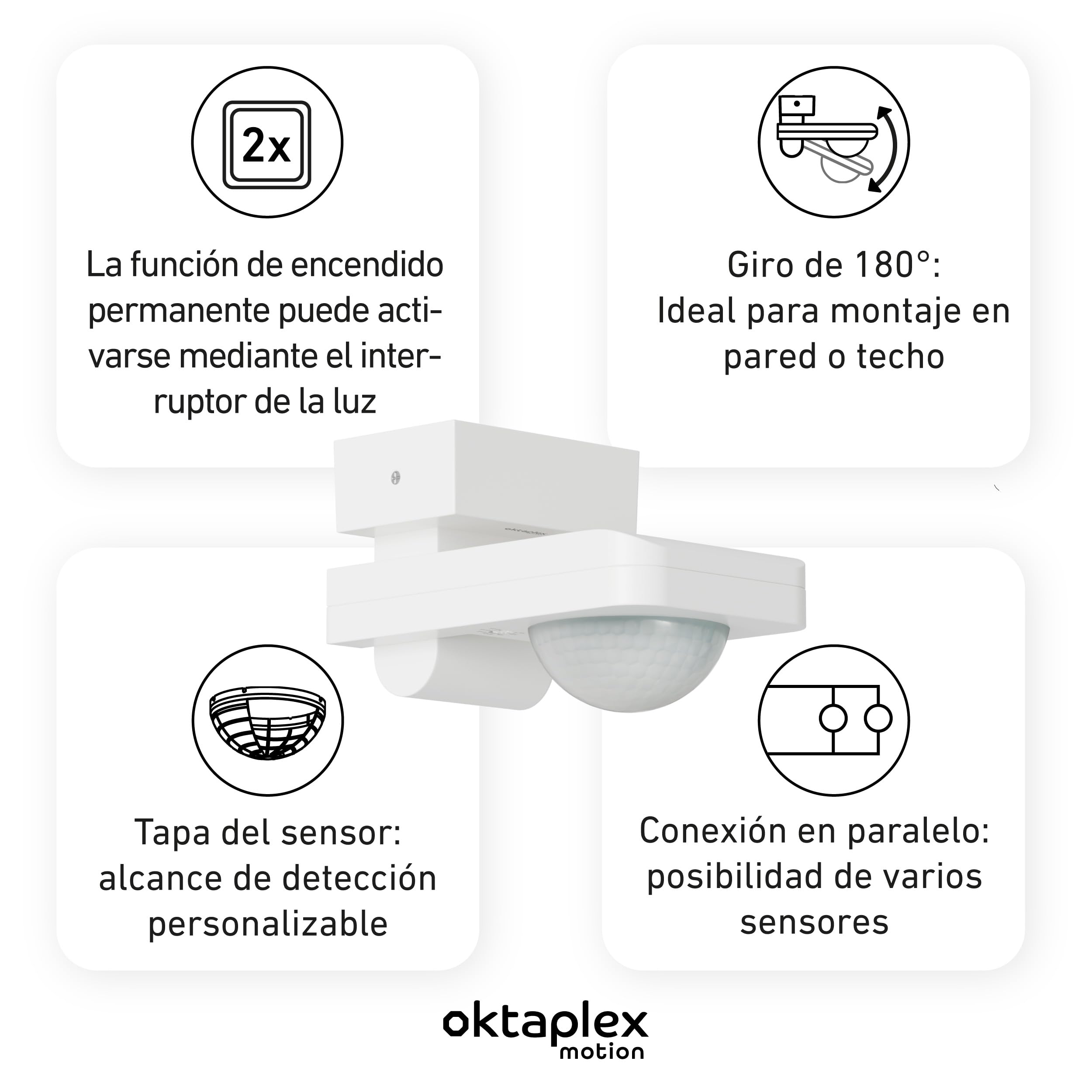 Oktaplex - Juego de 2 detectores de movimiento para tea, color blanco | Sensor de movimiento orientable de 360 grados, 9 m, IP65, 230 V, para techo y pared