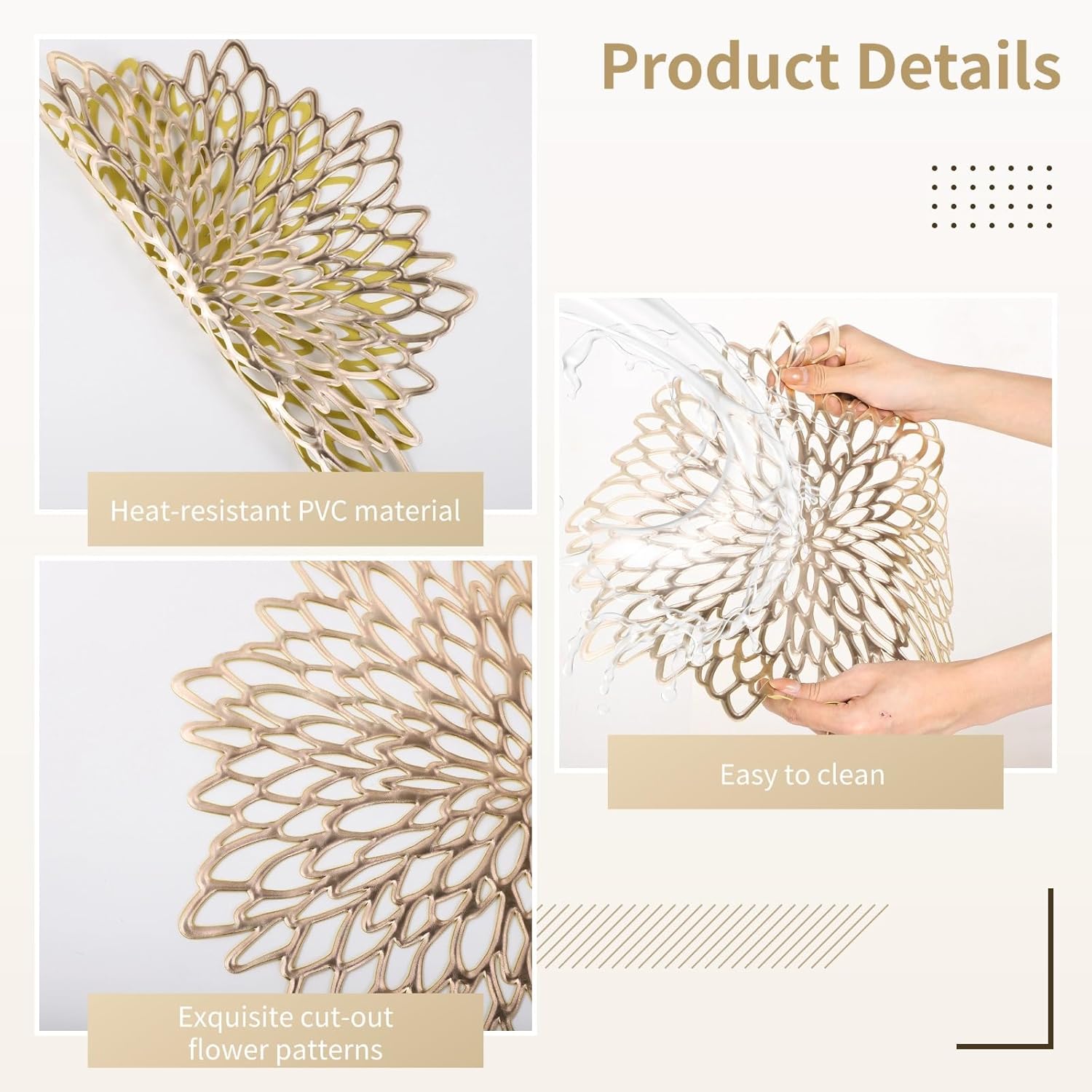 Gold Placemats Set of 24, Including 12 Pcs Charger Plates & 12 Pcs Coasters, Heat-Resistant Hollow Table Mats, Washable Round Dining Placemats, Wedding Table Decorations