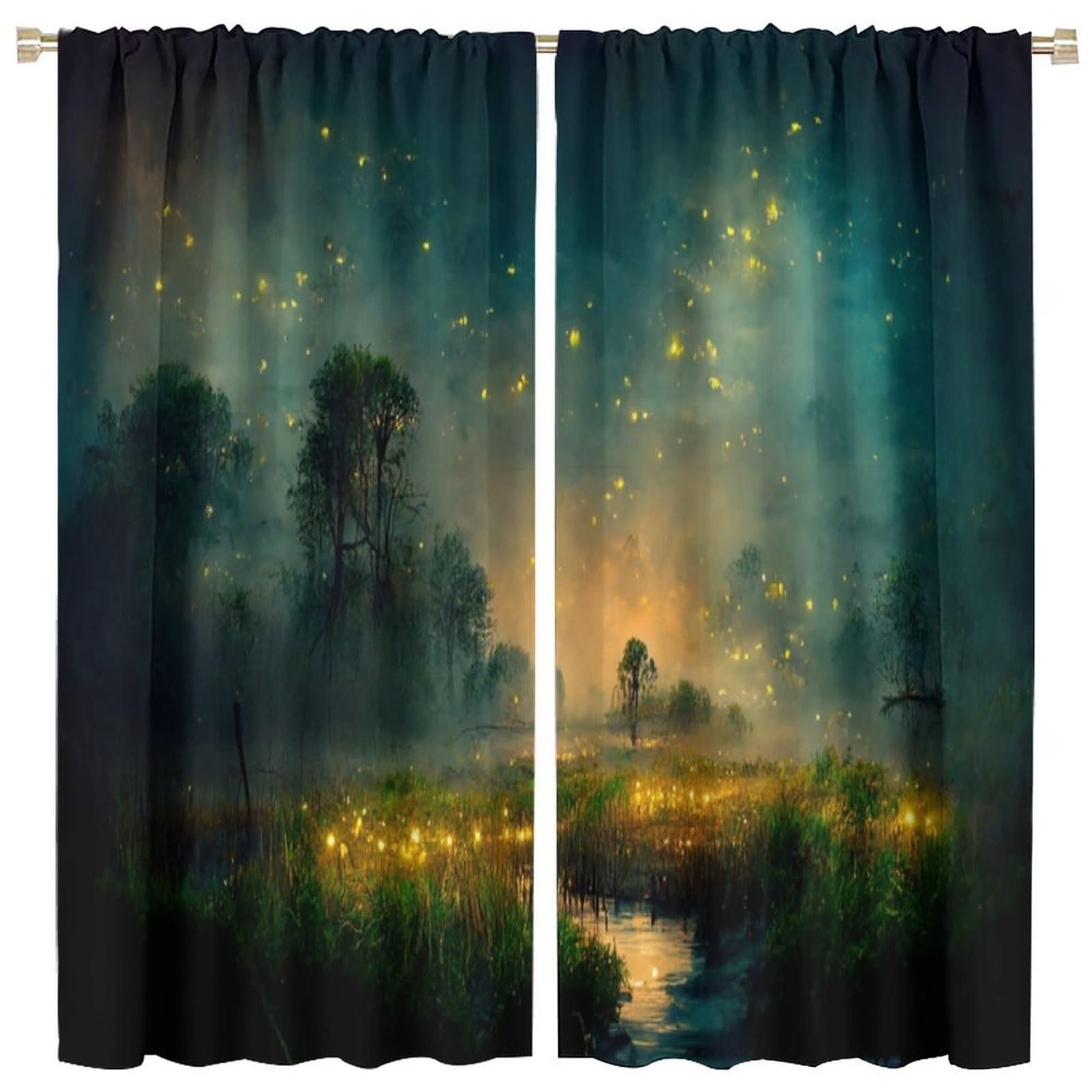 Firefly Blackout Window Curtain,Fantasy Marsh Landscape with Mystical Firefly Lighting for Children Room Bedroom Curtains Drapes 2 Panels 42x45 Inch
