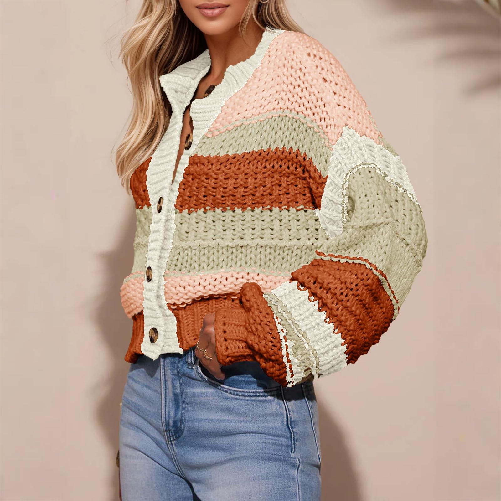 Strickjacke Damen Kurz Grobstrickjacke Puffärmel Übergangsjacke Casual