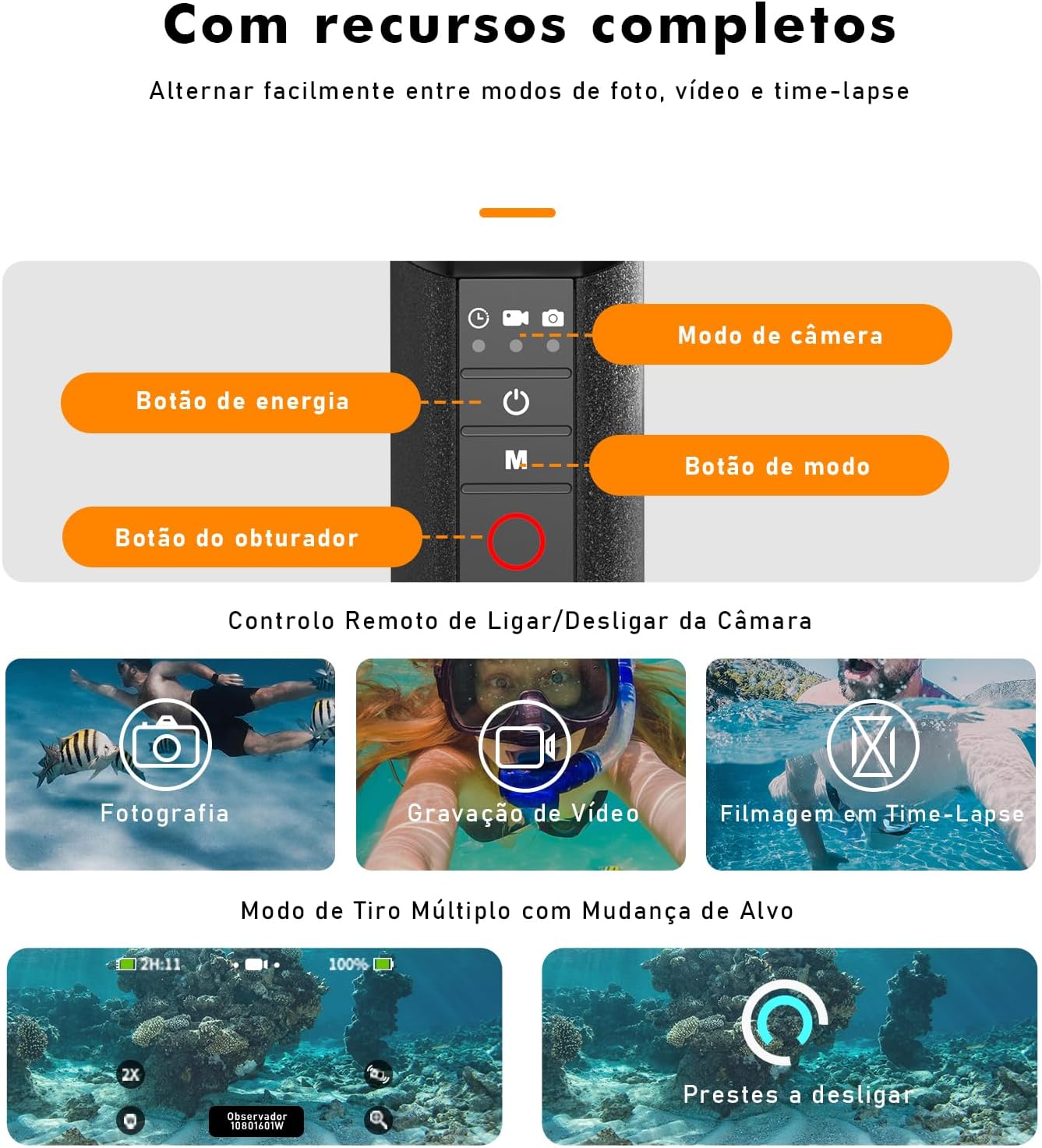 Pau de Selfie para GoPro, Punho de Mergulho à Prova d’Água 15 m, Controle Remoto de Foto/Vídeo/Time-Lapse, Recarregável por Toque, Antiderrapante com Alça de Pulso Pau de Selfie para GoPro, Punho de Mergulho à Prova d’Água 15 m, Controle Remoto de Foto/Vídeo/Time-Lapse, Recarregável por Toque, Antiderrapante com Alça de Pulso