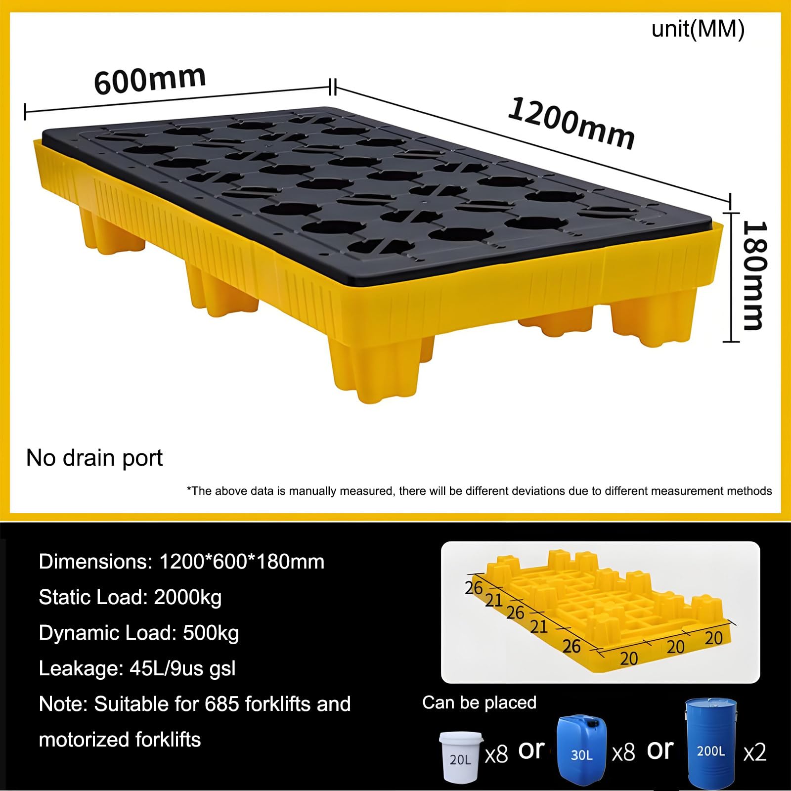 Plateforme de rétention étanche pour fûts d'hydrocarbures, avec système de Drainage, pour Le Stockage Industriel, idéale pour Les garages et Les ateliers, 130 x 68 x 30 cm