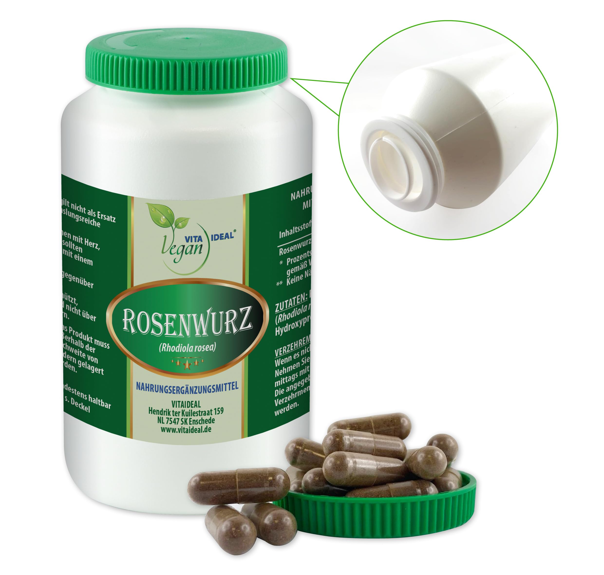 VITA IDEAL Vegan® ROSENWURZ - Wurzel 360 KAPSELN - RHODIOLA rosea - Rosen Wurz - Tagesportion 840mg ROSENWURZWURZEL, natürlich, pflanzlich & ohne Zusatzstoffe,