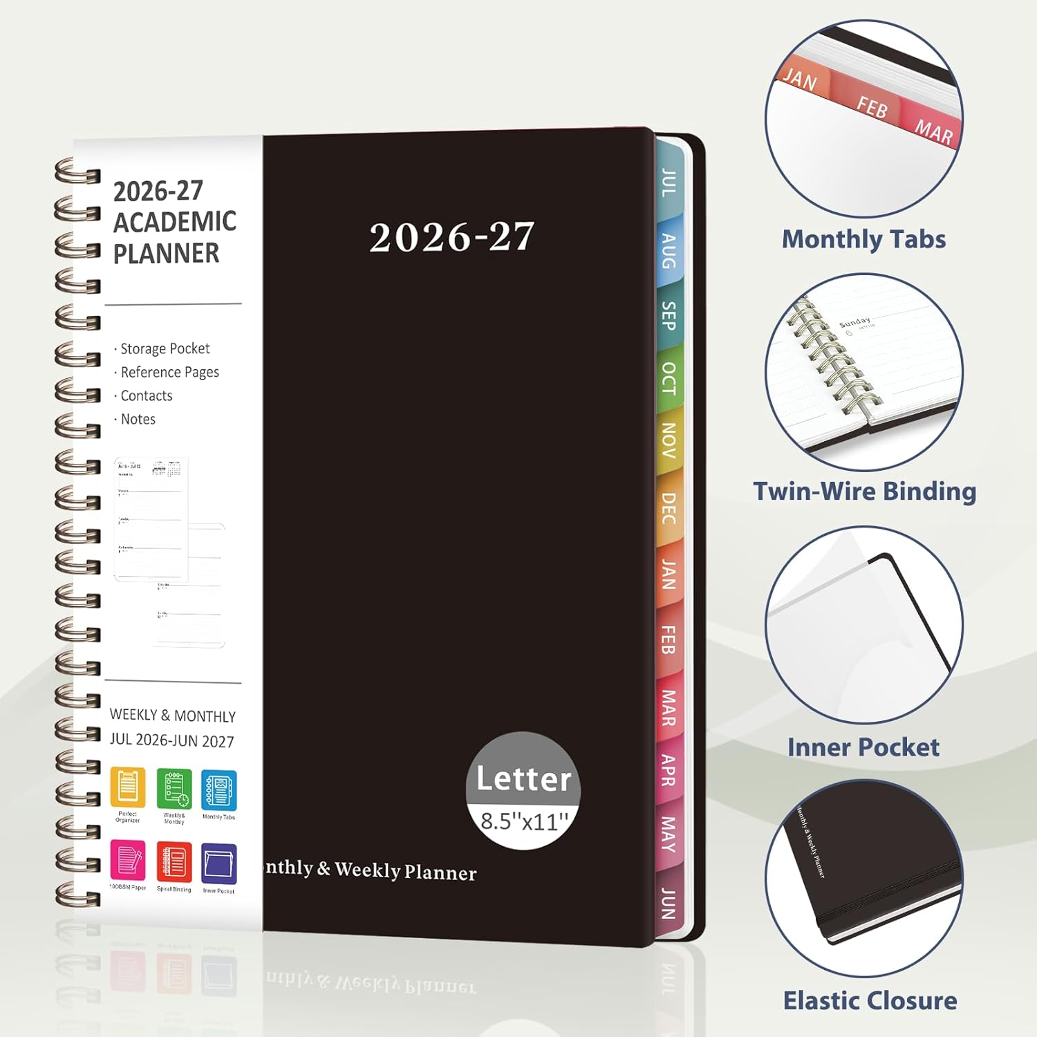 Planner 2026-2027, Weekly and Monthly Academic Year Calendar Planner, July 2026 - June 2027, Daily Agenda Book for Office School Supplies, Letter Size(8.5'' x 11'')