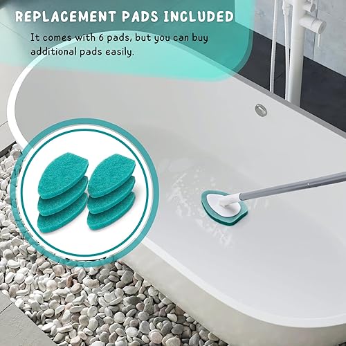 Miniatura 6 de Limpiador de ducha con mango largo, cepillo de limpieza de bañera de 47 pulgadas, herramienta de limpieza de azulejos y bañera con 6 almohadillas de