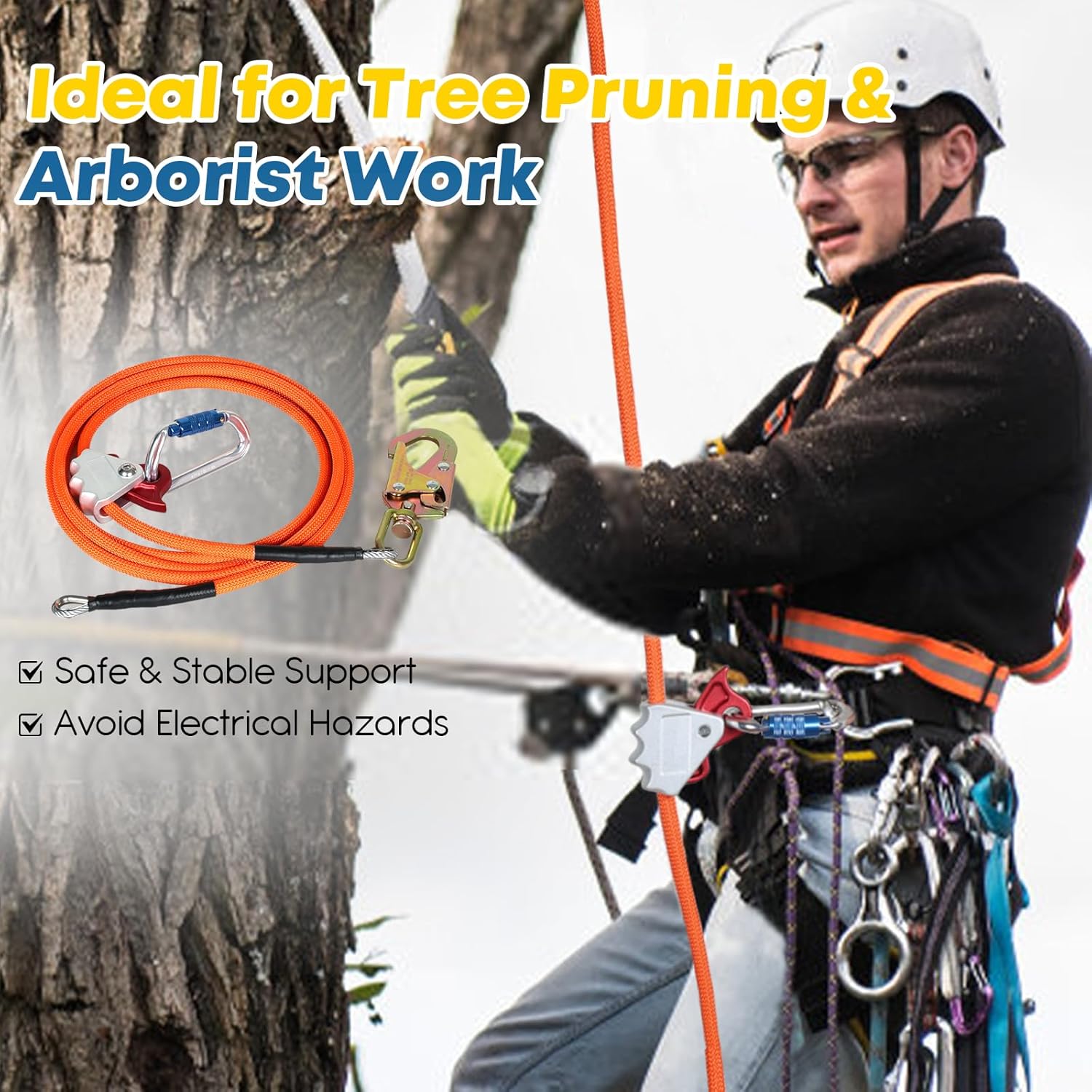 Flip Line, Wire Core Flipline 1/2" X 10' - Steel Core Kit with Triple Lock Carabiner Adjuster & Steel Swivel Snap, Fall Protection for Arborist Climbing Equipment