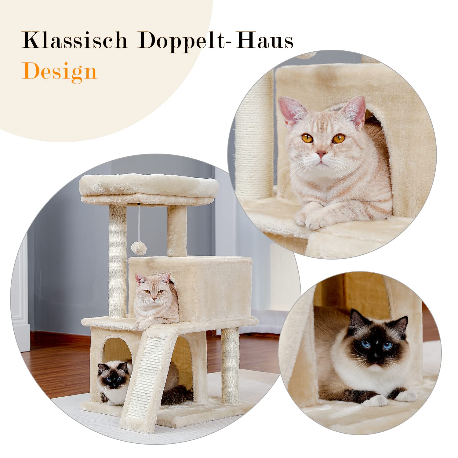 PETEPELA Katzenbaum Kratzbaum Kratzbäume Katzenmöbel mit Sisal-Seil Plüsch Liege höhlen Spielhaus Spielzeug für Katzen Beige