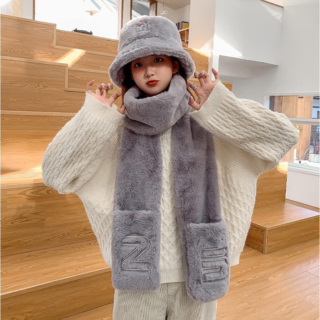 Scarf,Beanie Gloves Scarf Set Cute Bucket Hats For Teens Girls Fuzzy Bucket Hat Fisherman Hat Lady Winter Warm Scarf(Black)