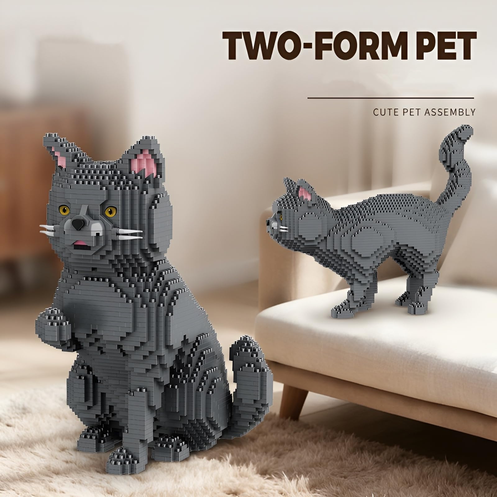 Mini Katzen Bausteine, 2 in 1 Mikro Blau Katze Klemmbausteine mit MIAU Sound Knopf, Kreatives Tier Bausatz Modell Spielzeug, Geschenk für Erwachsene und Jugendliche, 2277 Teile