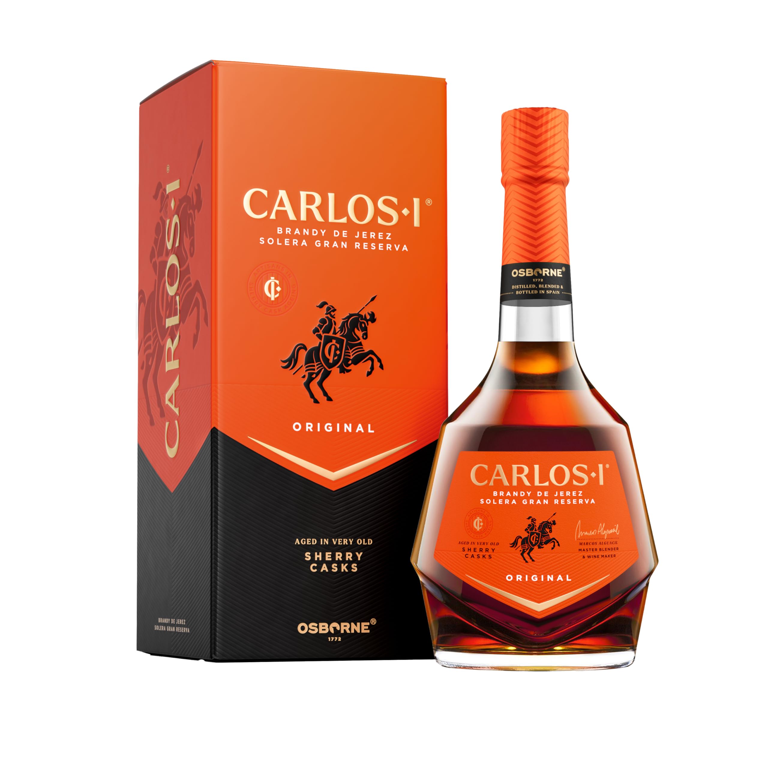 CARLOS I Brandy aus Jerez Solera Gran Reserva | Hergestellt aus Trauben nach dem Criadera- und Solera-Verfahren und gereift in alten Jerez-Fässern. Alkoholgehalt: 40 %. Flasche: 70 cl.