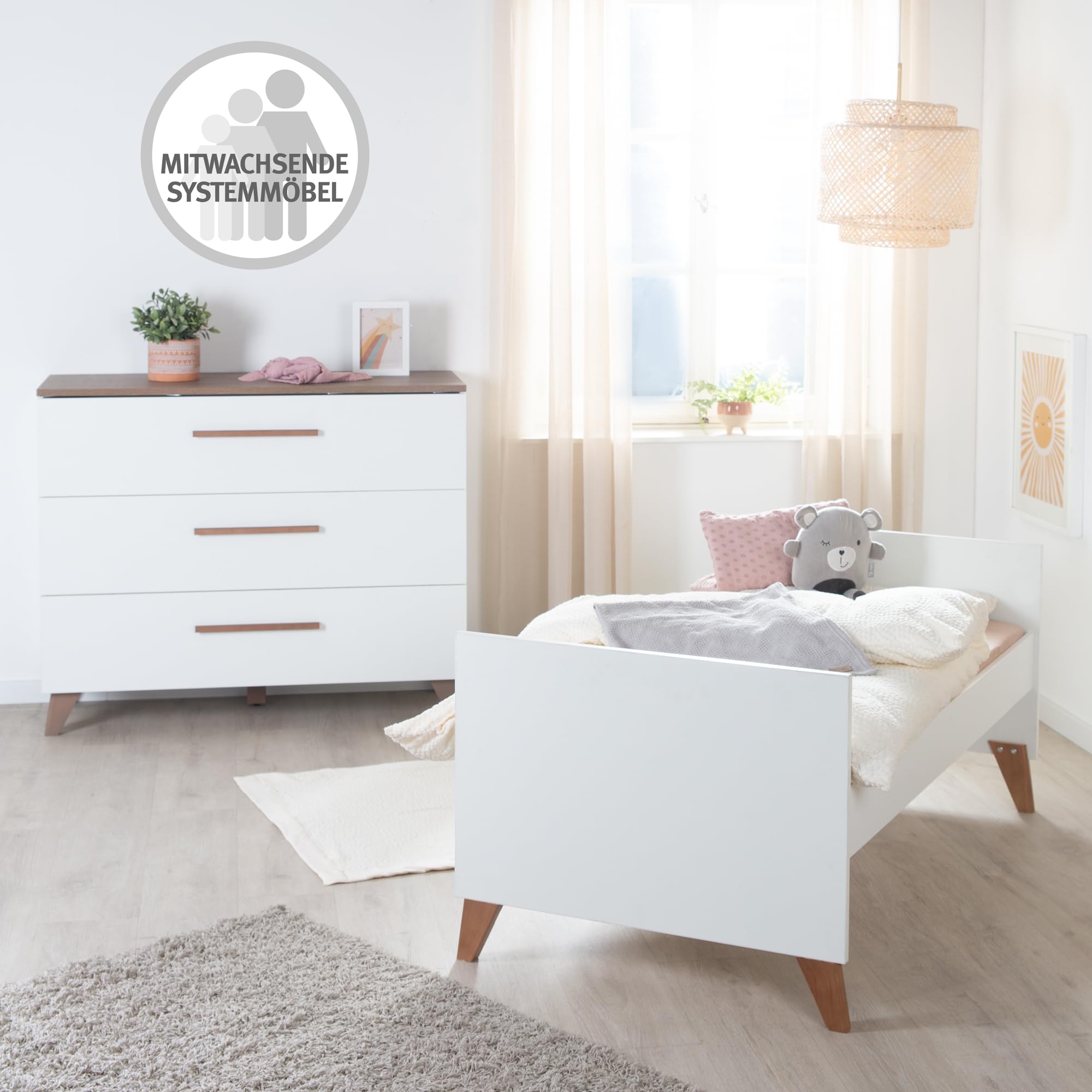 roba Ewolucyjne łóżeczko dziecięce 70 x 140 cm Ole - Zamienne na łóżko dziecięce - 0-7 lat - do 50 kg - Regulowana wysokość - 3 zdejmowane pręty - białe drewno/dekoracja ciemnego dębu, 1911859