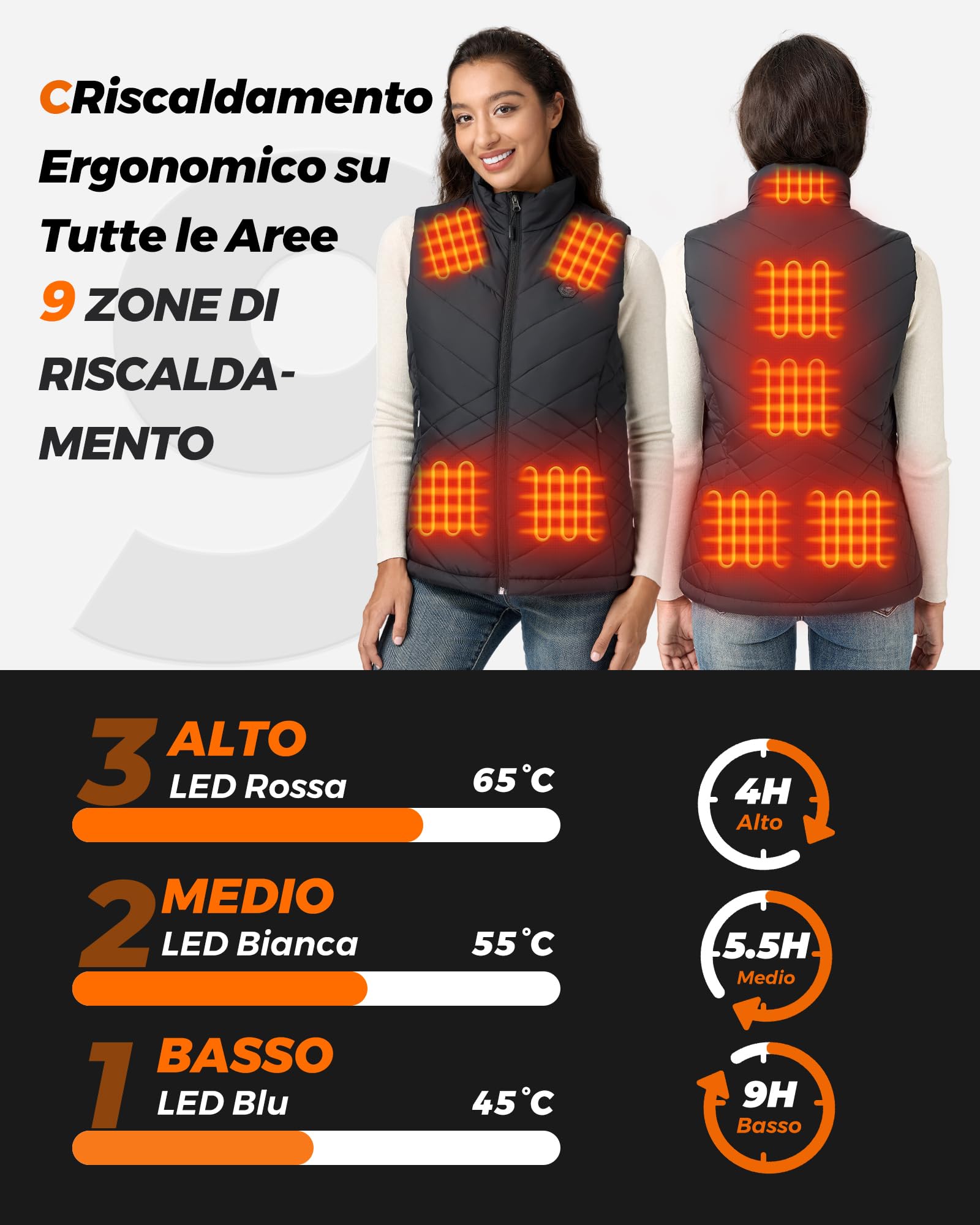 GOTOBI Gilet Riscaldato Donna con Batteria Inclusa da 7.4V e 16000mAh, 9 Zone di Riscaldamento, 3 Livelli di Temperatura Regolabili, Ideale per Attività all'Aperto Viaggi Sport Tempo Libero