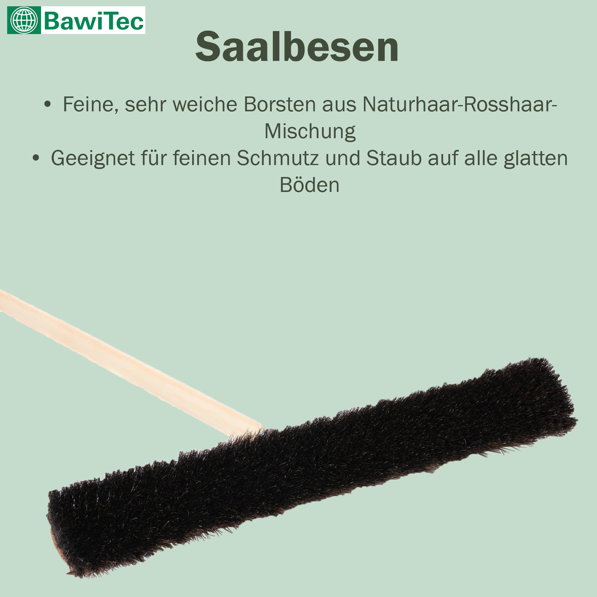 Rosshaar Besen Saalbesen 60cm weiche Borsten mit Stiel 160cm Besenstiel | Sehr weiche feine Naturhaar-Rosshaar-Borsten, Holzstiel-Ø 28mm, Metall-Stielhalter