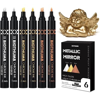 BIGTHUMB 6Pcs Liquid Chrome Paint Markers, Dual Tips Gloss Mirror Marker, Oil-based Permanent Chrome Maker, Reflective Metallic Pen Markers for Repairing, Model Painting DIY Art Projects