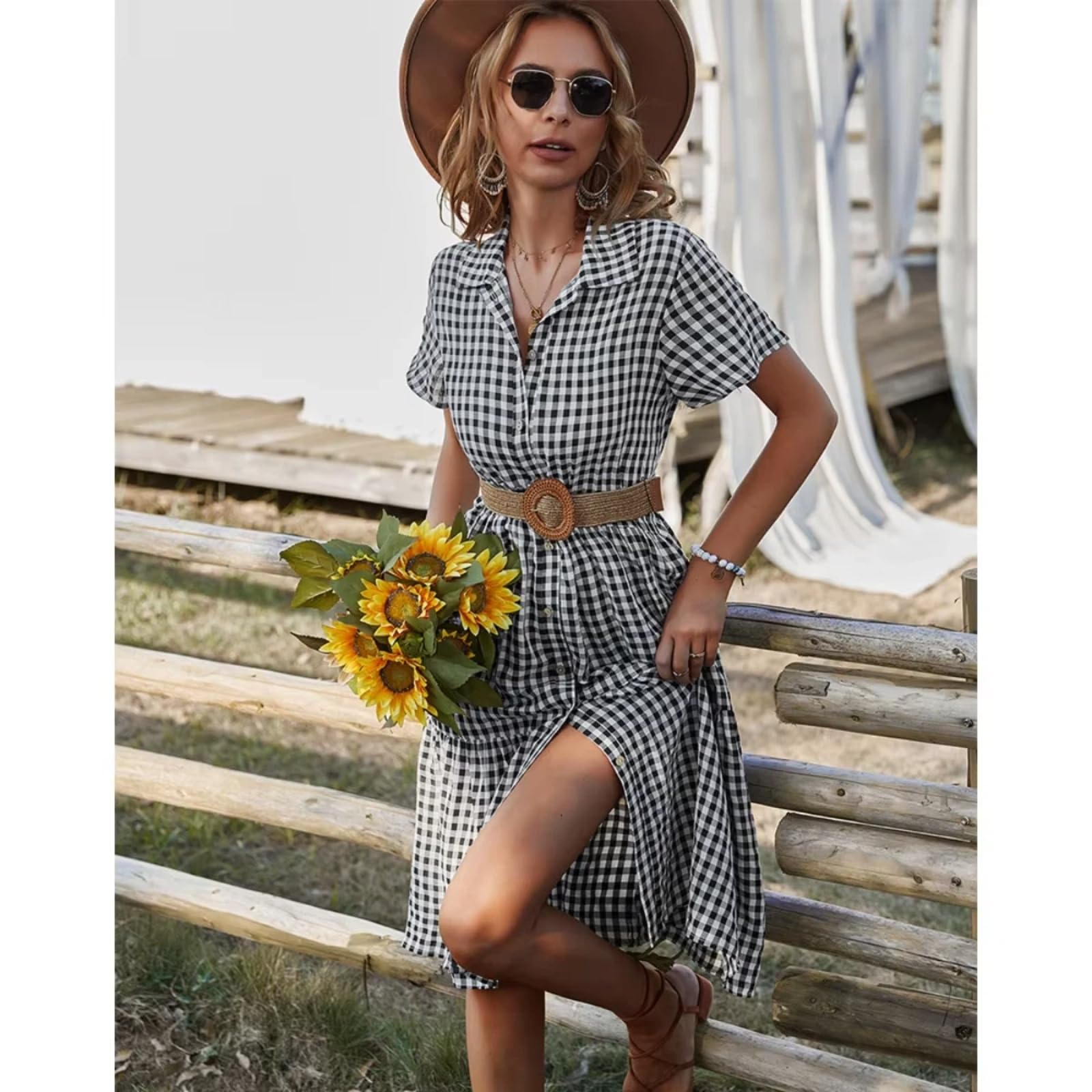Vestido Camisero Midi A-Line Mujer Manga Corta Estampado Vichy