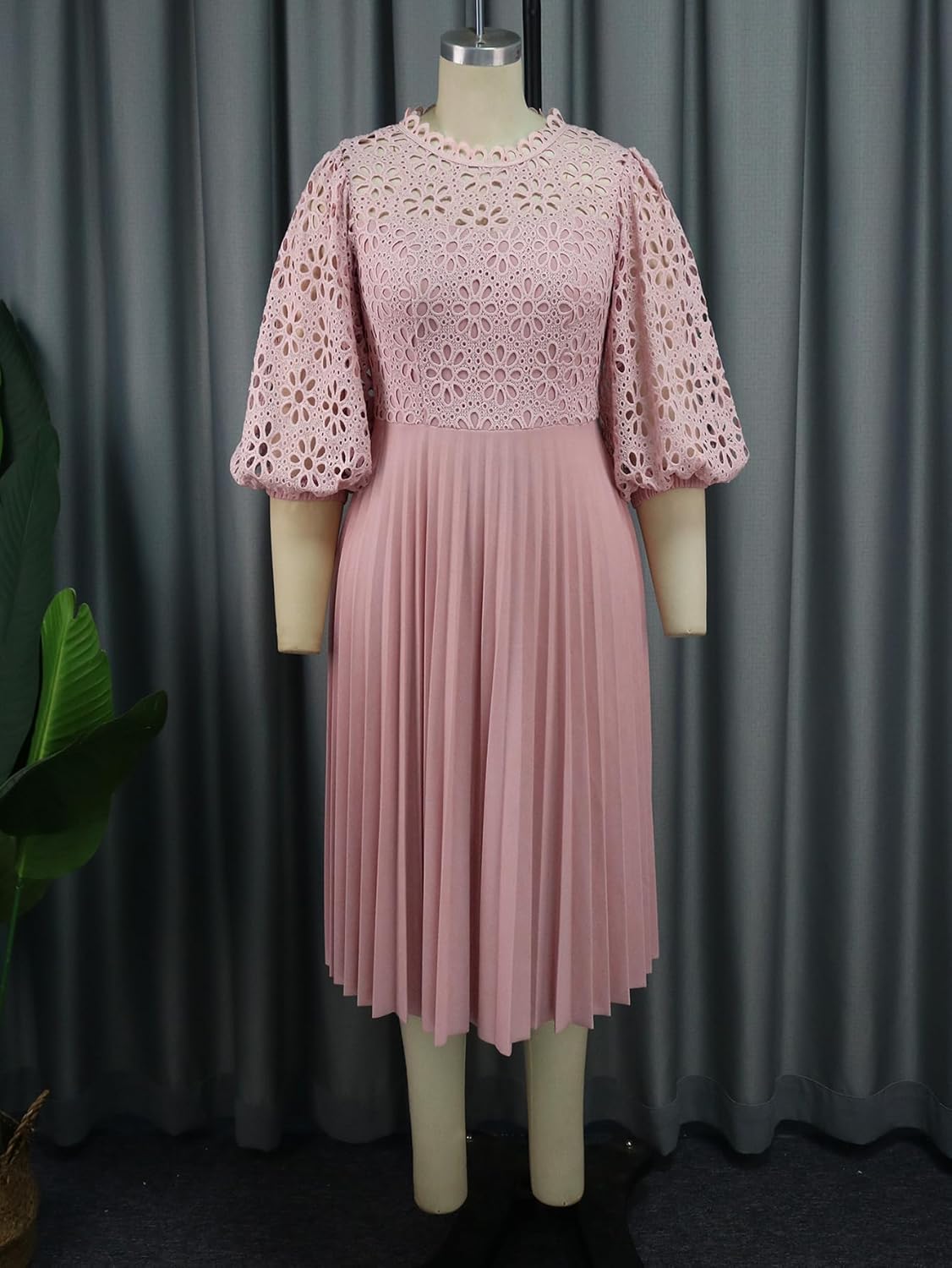 AOMEI Women's Elegant Lace Patchwork A-line Midi Pleated Hollow Out Lantern Sleeve Dress - Image 5