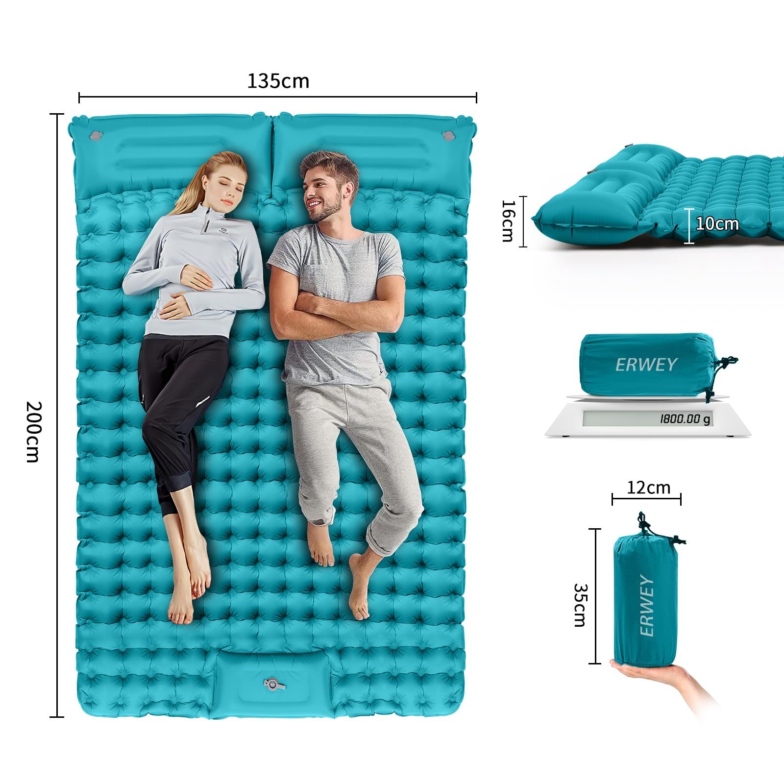 ERWEY Esterilla Camping Autoinflable Doble 200 x 135 cm, 10 cm Colchón Hinchable de Aire Ultraligero Inflable Adecuado para acampadas, Viajes, Actividades al Aire Libre y Uso en la Playa, Azul Pavón