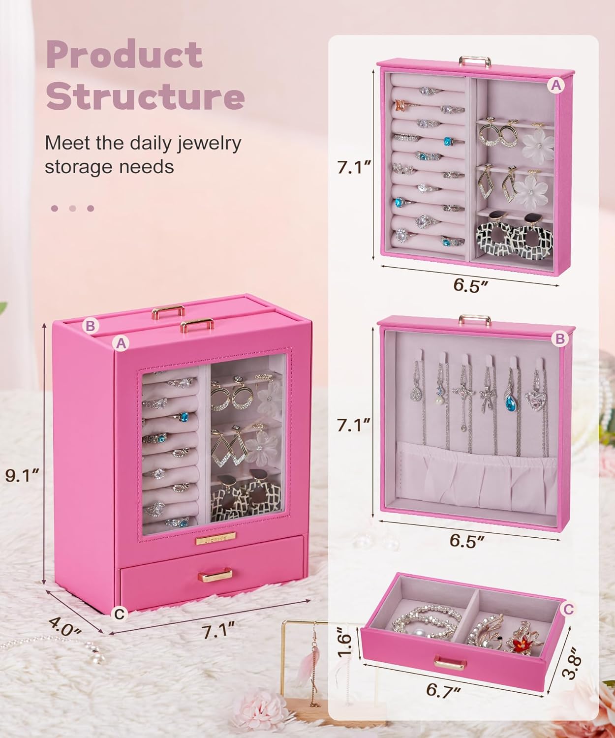 Homde Jewelry Organizer Girls Women Jewelry Box for Necklaces Rings Earrings Gift Bracelets Storage Case(Pink + Gold)