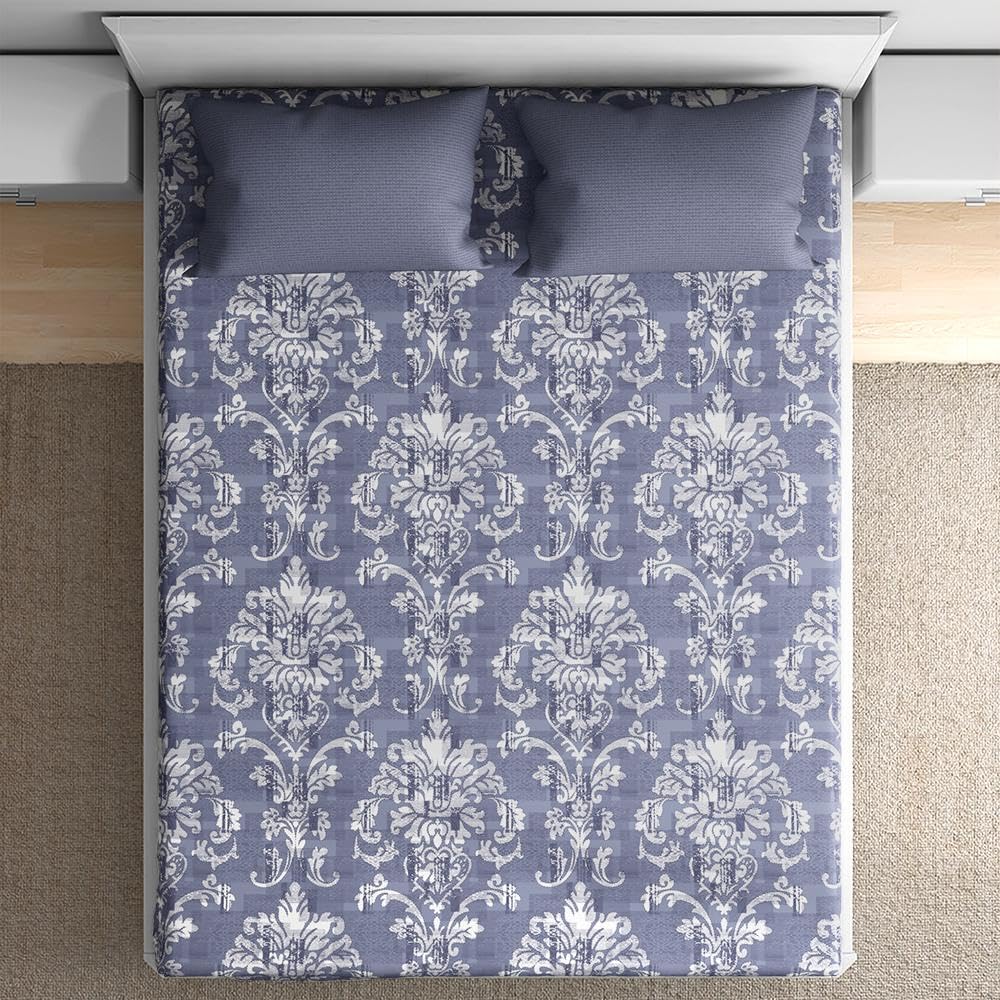 Wakefit Cotton Printed Fitted Bedsheet | 200 TC Elastic Fitted Sheet, Double Bed Bedsheet with 2 Pillow Covers | Ross Blue - 72X48 Inches
