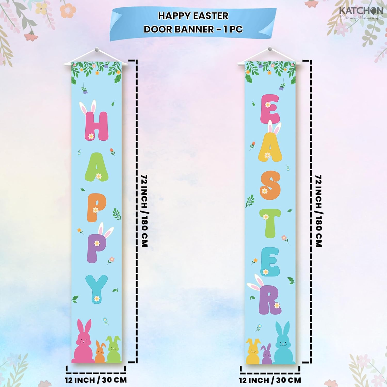 KatchOn, Large Happy Easter Banner - 2 Pieces, 72x12Inch | Happy Easter Porch Sign | Easter Banners for Easter Decor | Easter Door Banner, Easter Door Decorations or Happy Easter Decorations