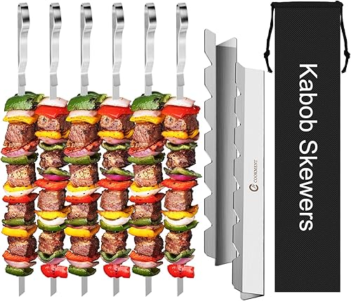 Vista 18 de Kabob - Brochetas largas de acero inoxidable de 17 pulgadas para barbacoa, palillos de metal plano y reutilizables para carne y pollo, juego de 12