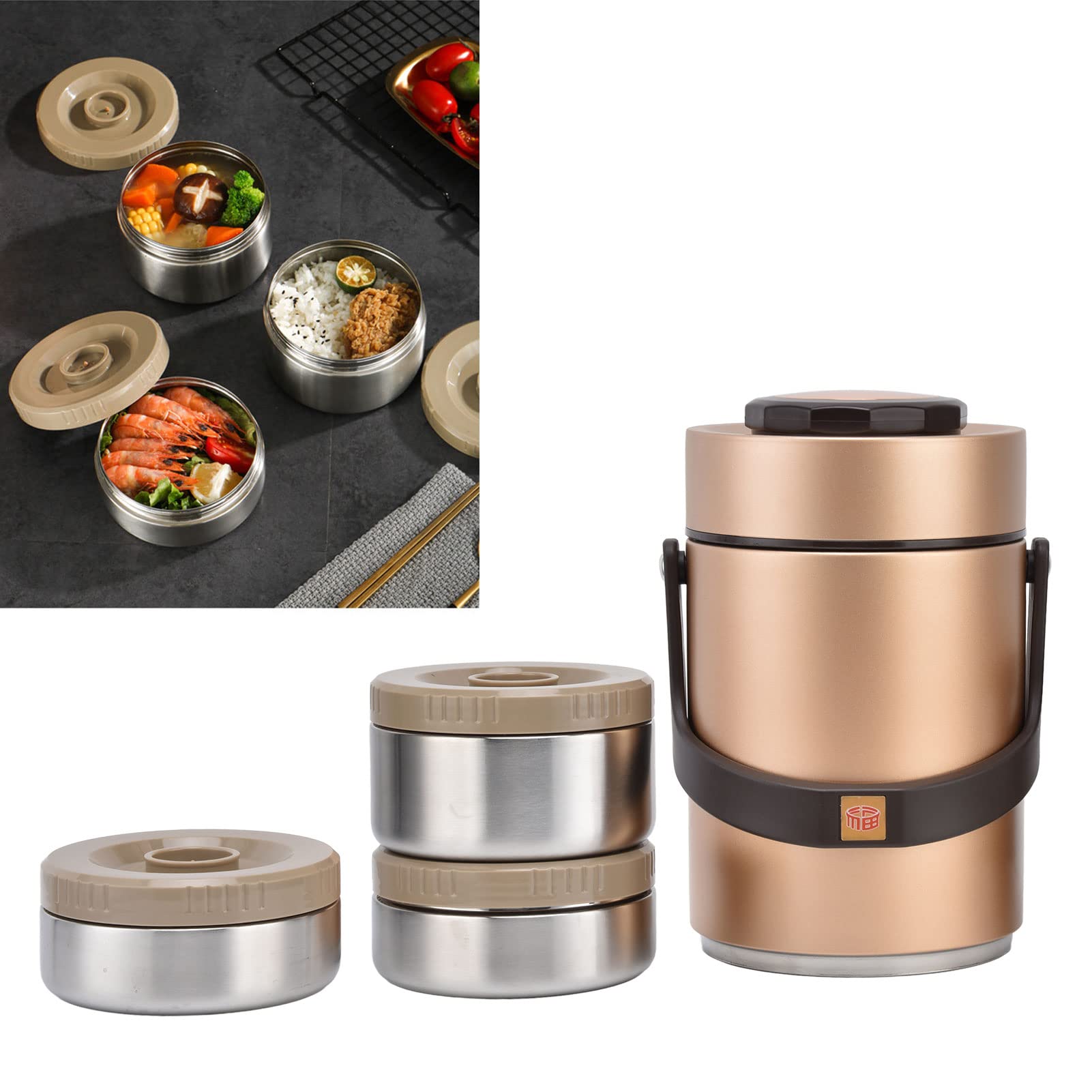 Scatola per Il Pranzo Isolata, 2L 3 Strati In Acciaio Inox Thermos Contenitore di Cibo per Bambini, Adulti, Donne, Vaso Portatile Sottovuoto per Alimenti Caldi perGuida a Lungo (Oro)