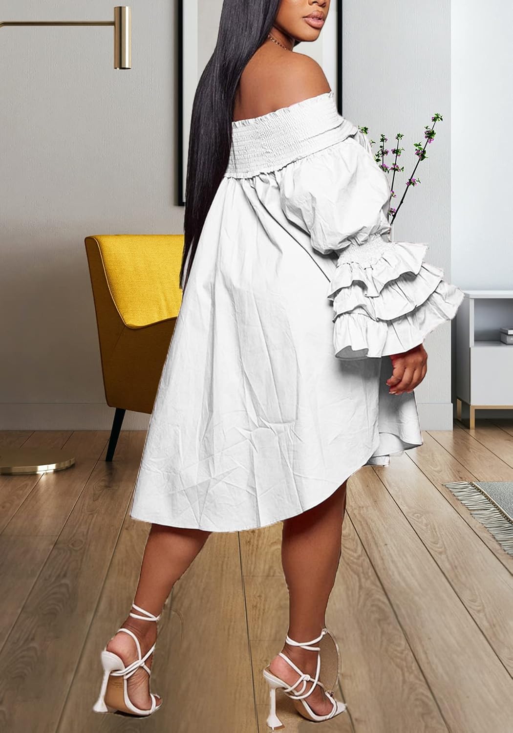 Off Shoulder Dress for Women A-Line Ruffle Sleeve Casual Plus Size Midi Pleated Sundress - Image 2