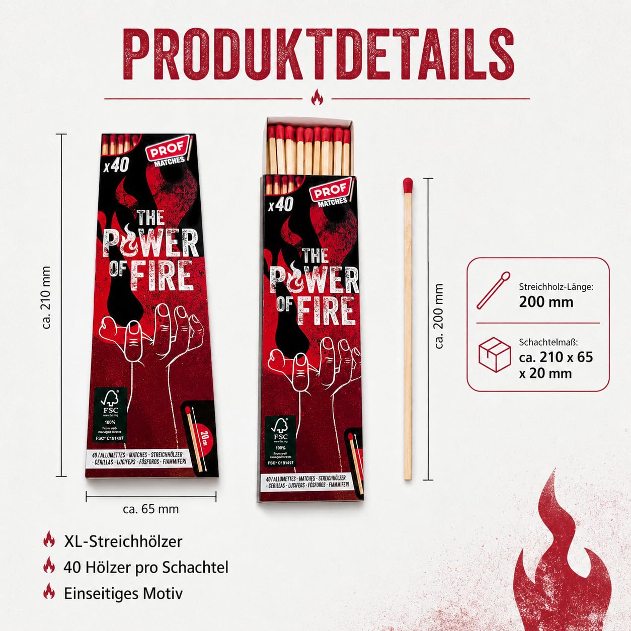 jameitop Confezione da 5 fiammiferi XXL – 20 cm extra lunghi di alta qualità, 200 pezzi per set, ideali per campeggio, barbecue, avventure all'aperto, sopravvivenza, emergenze e progetti fai da te