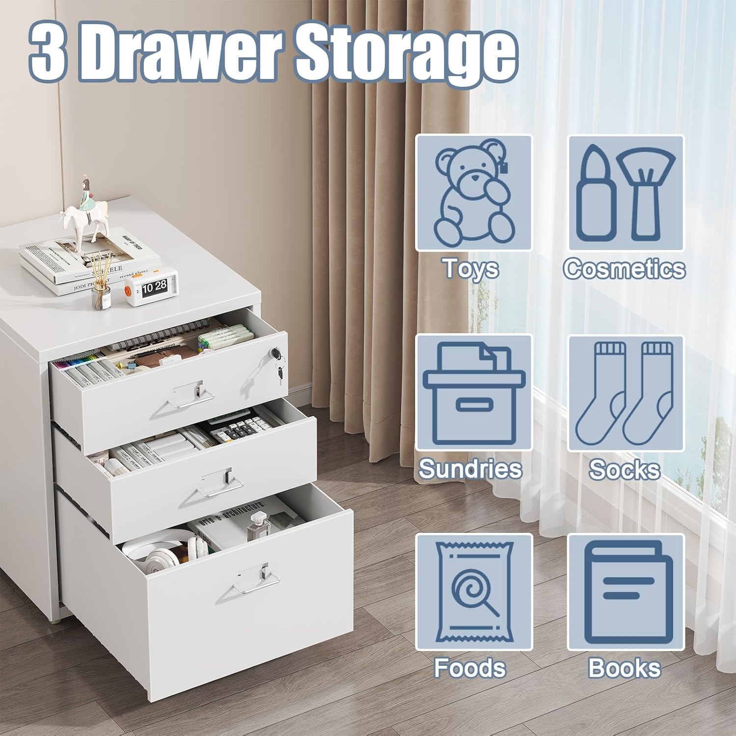3 Drawer Mobile Cabinet with Lock, Metal Storage Cabinets for Home Office, Under Desk Cabinets with Drawers, Mobile File Cabinet, Assemble Required, White