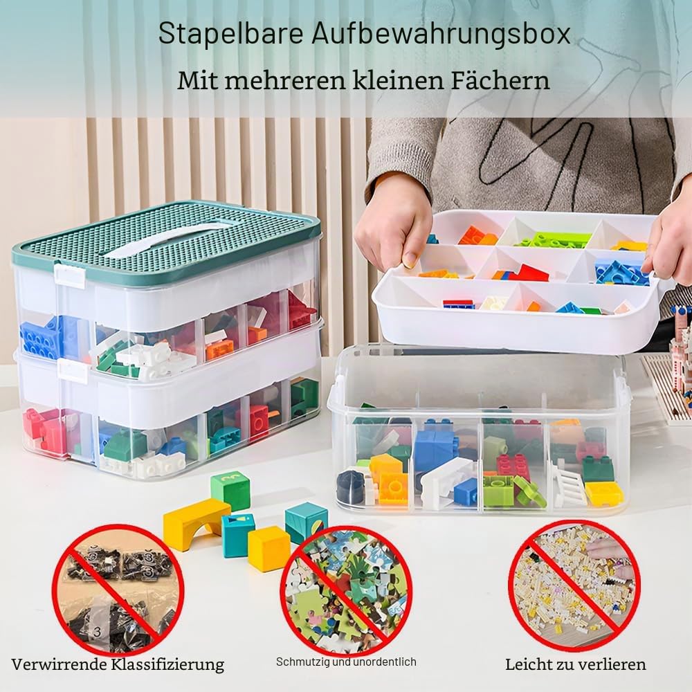 Aufbewahrungsbox für Lego Bausteine,Kisten Spielzeug Aufbewahrung mit Deckel,Sortierboxen Kleinteile Stapelbar (Zwei Ebenen-Gelb)