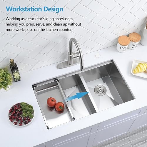 Miniatura 6 de Scamall Estación de trabajo para fregadero de cocina de montaje inferior de 32 x 19 x 10, cuenco doble profundo de acero inoxidable 304 plateado