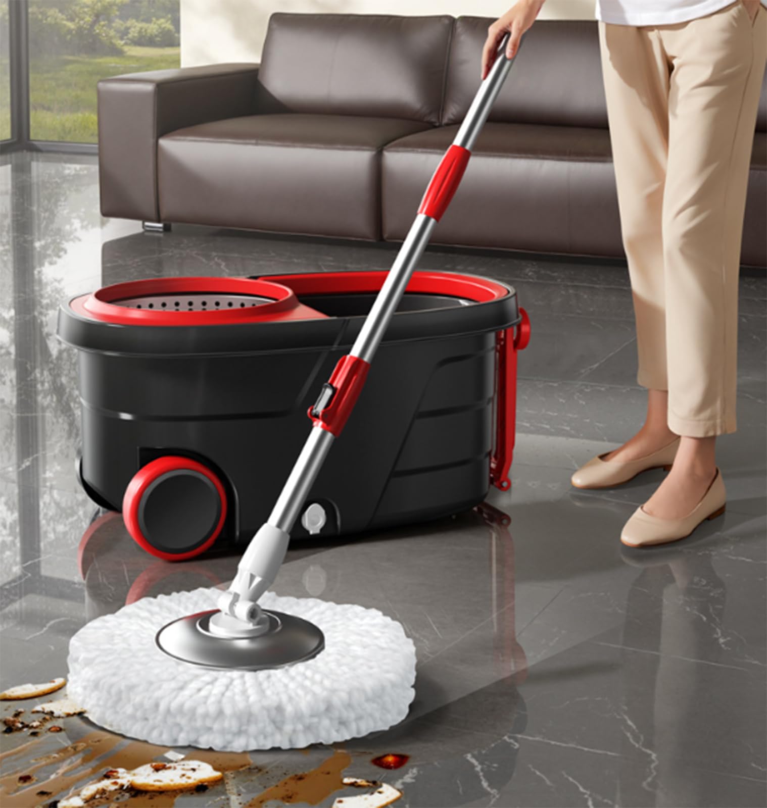 Fregona y Cubo giratorios de 360° con Ruedas, Sistema de fregona | Mango ajustable de acero inoxidable, 4 recambios de cabezal de repuesto de microfibra, limpieza del hogar