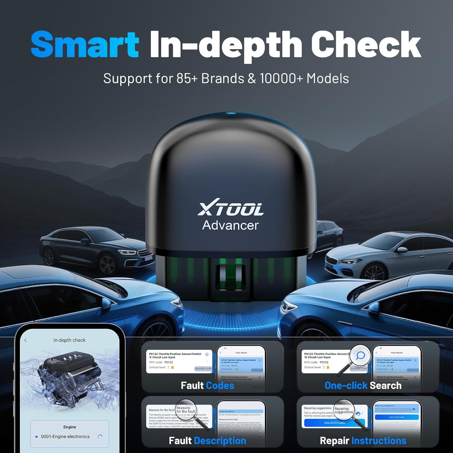 XTOOL Advancer AD20 Pro AI-Assisted Wireless OBD2 Scanner Diagnostic Tool, Car Code Reader for iPhone&Android, All System Scan Tool with Free Updates -Check Engine, Oil Reset, Performance/Battery Test