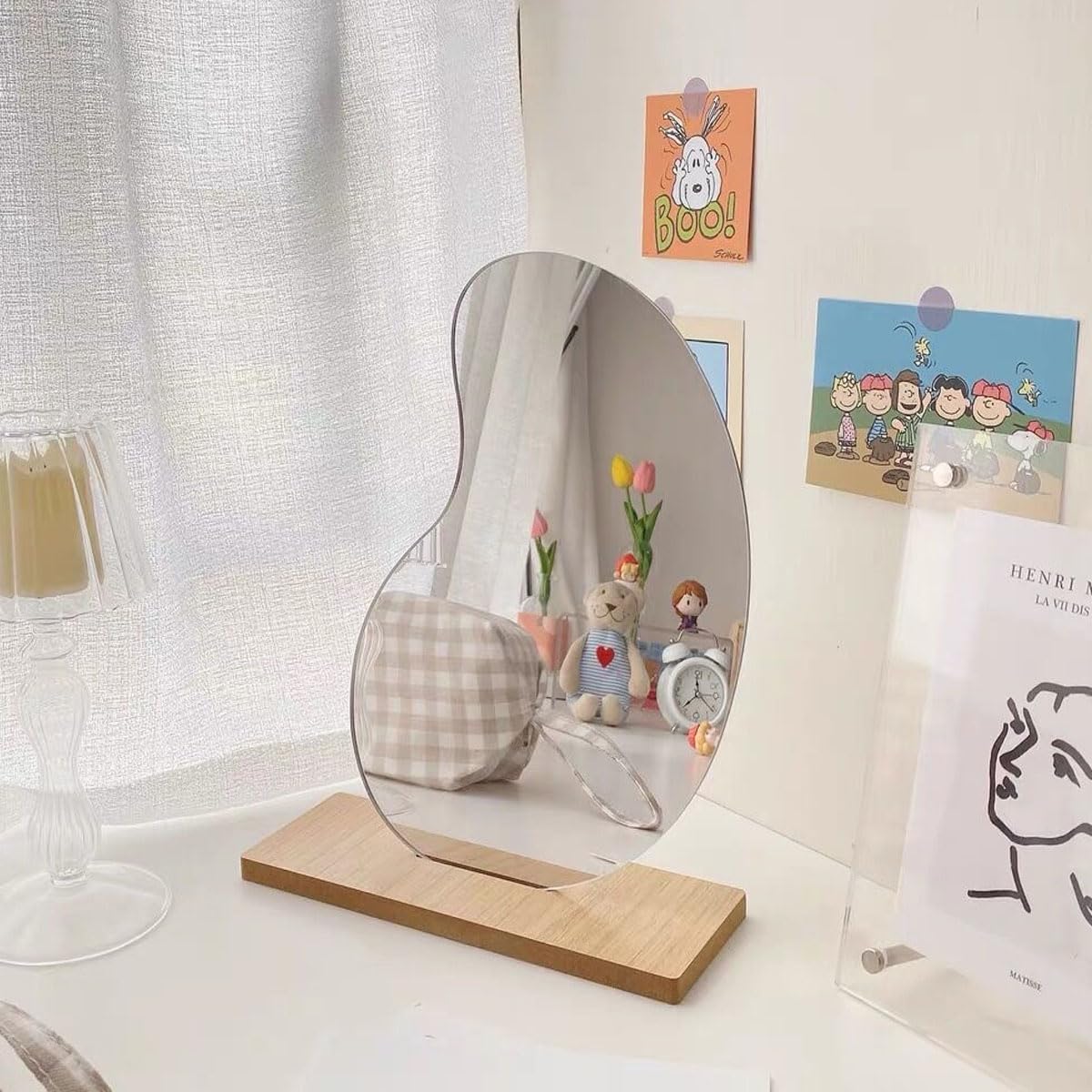 AHYDFSR Espejo de Maquillaje Acrílico Sin Marco, Espejo Irregular Acrílico con Base de Madera, Espejo de Mesa Decorativo, Espejos Pequeños Decorativos, para Baño Estar y Aesthetic Room Decor