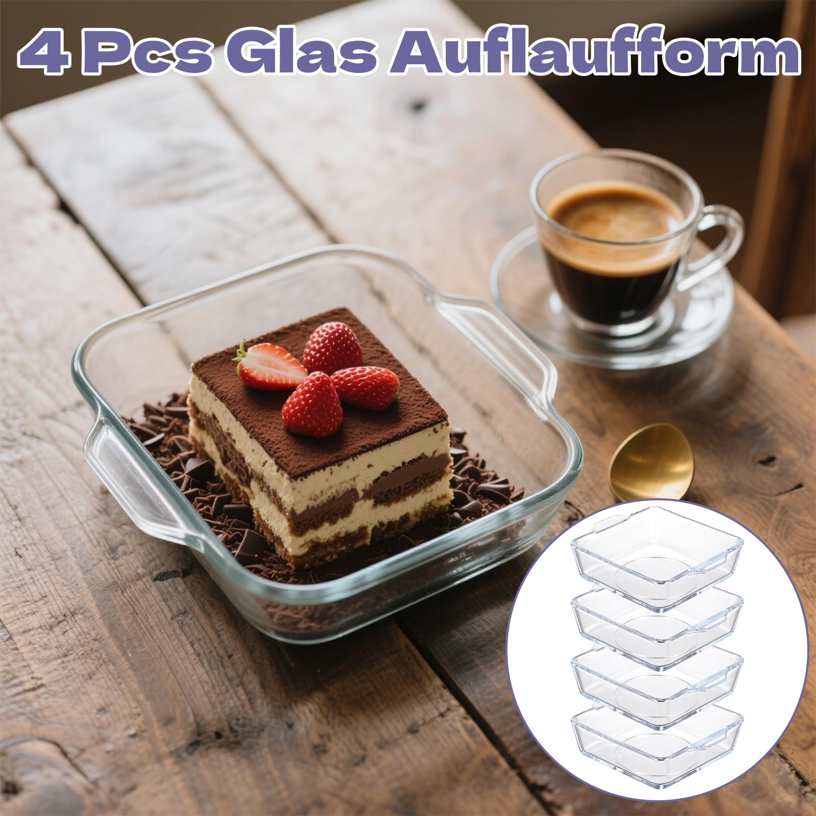 Lot de 4 mini plats à gratin en verre transparent avec poignée 0,5 l - Petit moule à cake en verre empilable - Moules carrés empilables pour four, micro-ondes, lasagnes, tiramisu