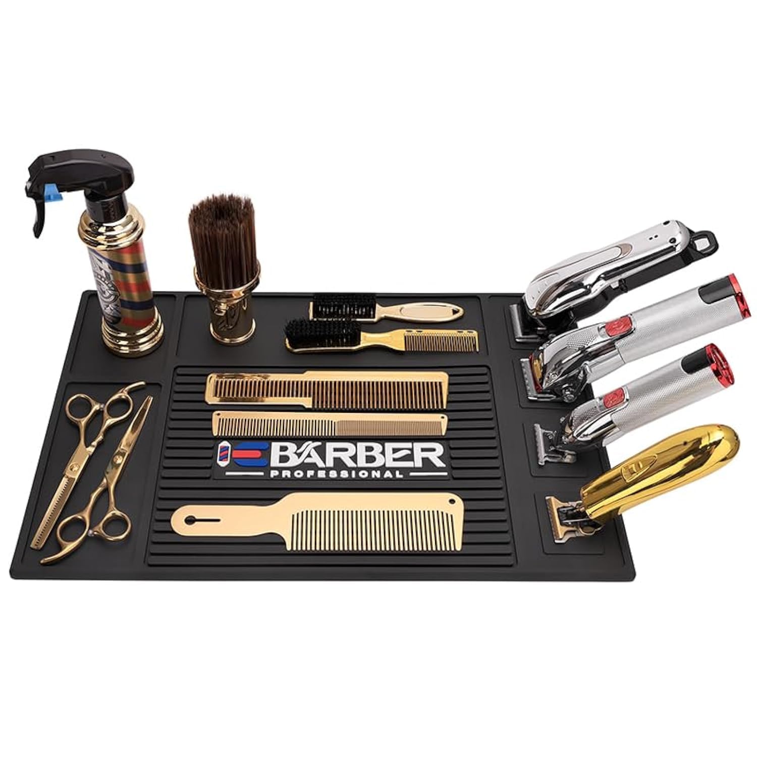 Magnetic Barber Mat on workstation with clippers and scissors