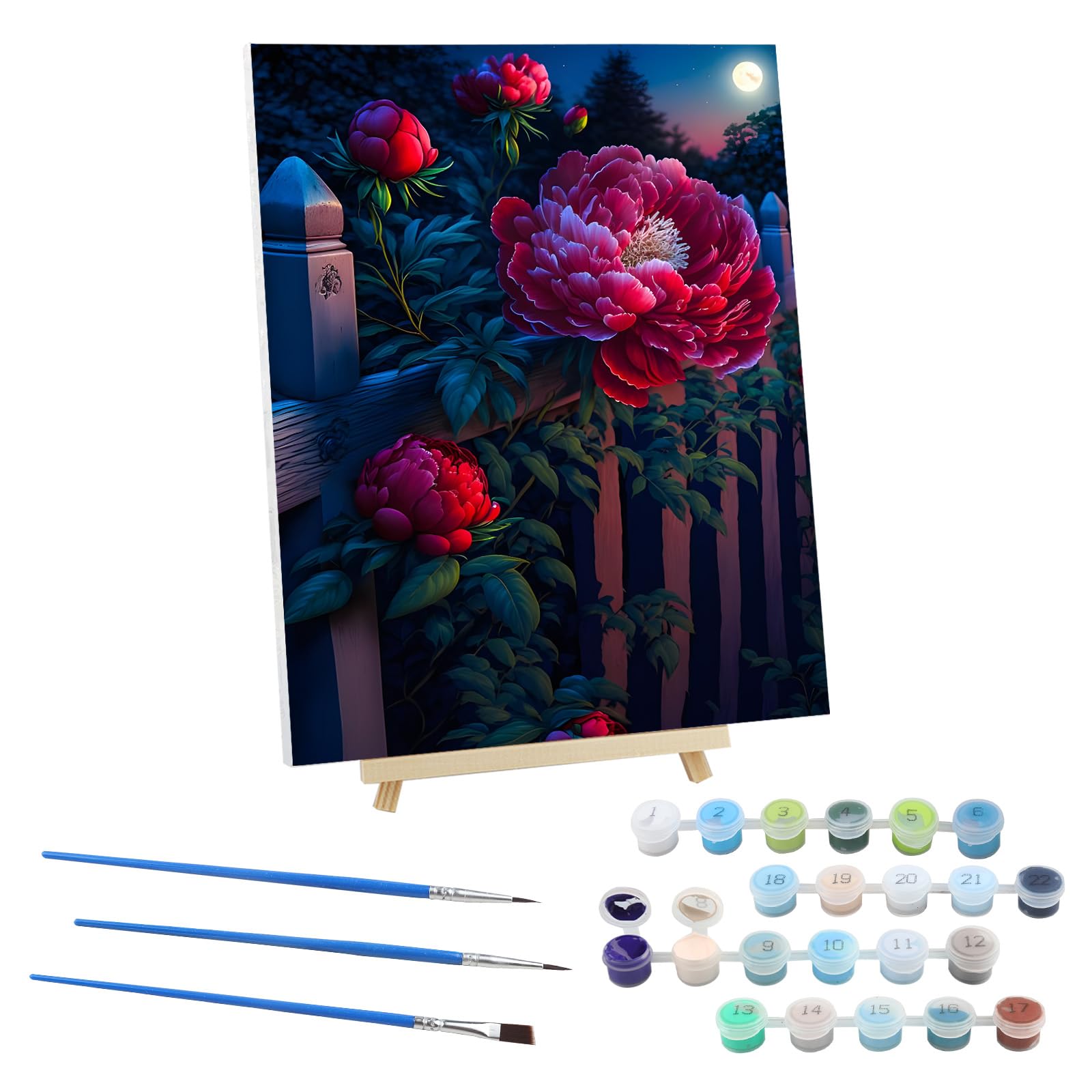EOBROMD Peony Paint by Numbers for Adults on Framed Canvas, Flowers Paint by Numbers Kits with Wood Easel, Moon Oil Acrylic Craft Art Painting Kits for Home Wall Decor 12x16 in