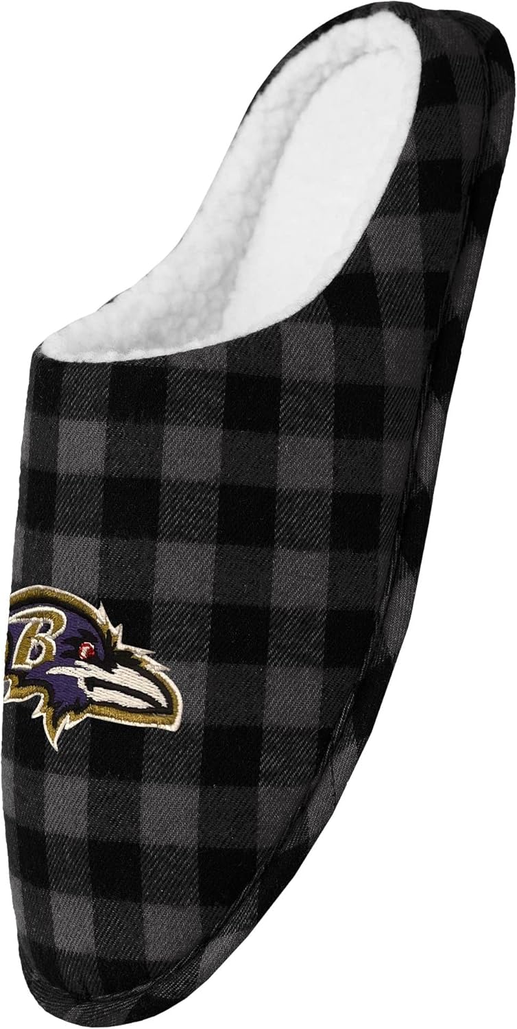 FOCO Men'sNFL Sherpa Lined Buffalo Check Memory Foam Slippers