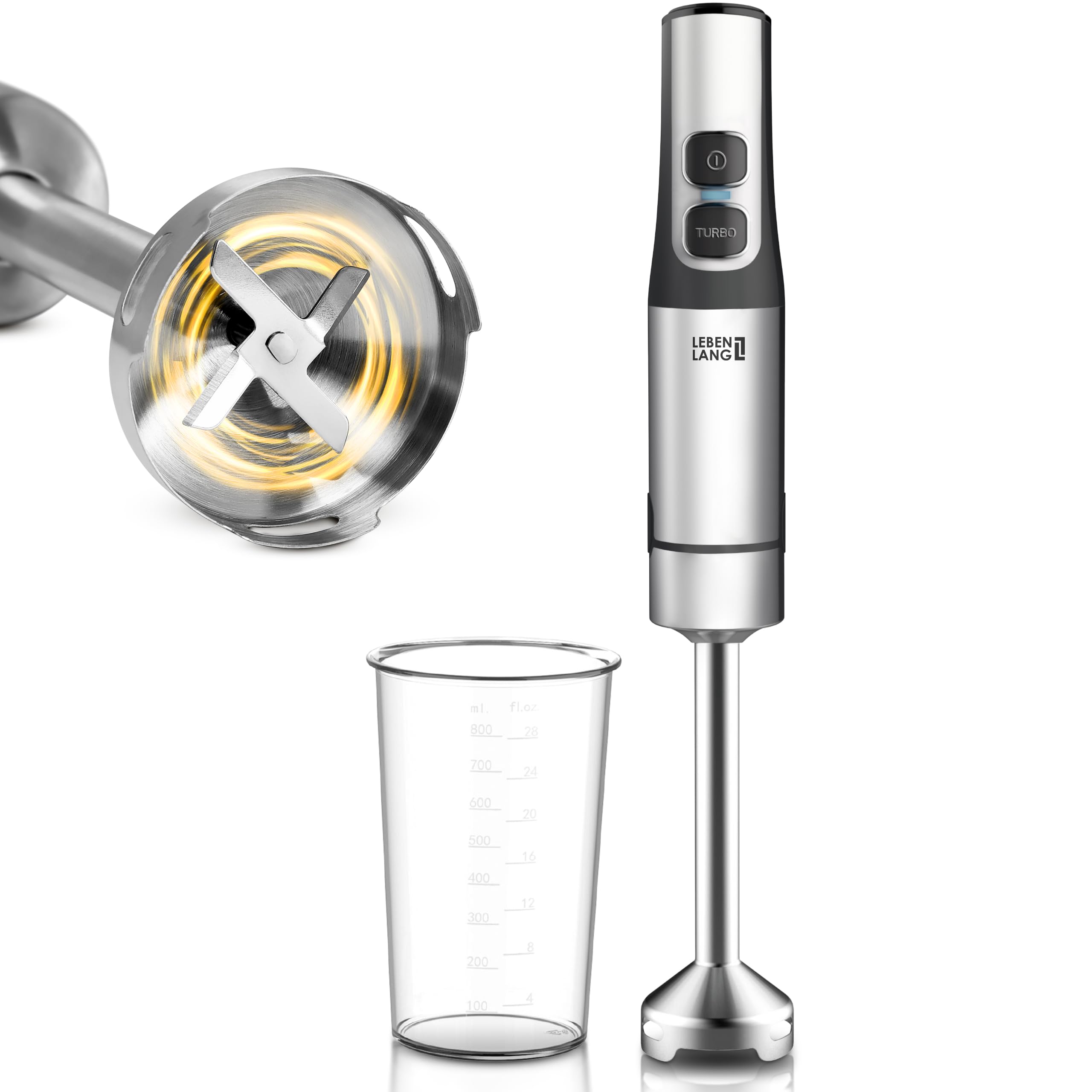 LEBENLANG Batidora mano de 1500W de acero inox - Jarra medidora de 800 ml & protector contra salpicaduras I Ajuste continuo & turbo I Procesador de alimentos Minipimer Blender Varinha magicas cozinha